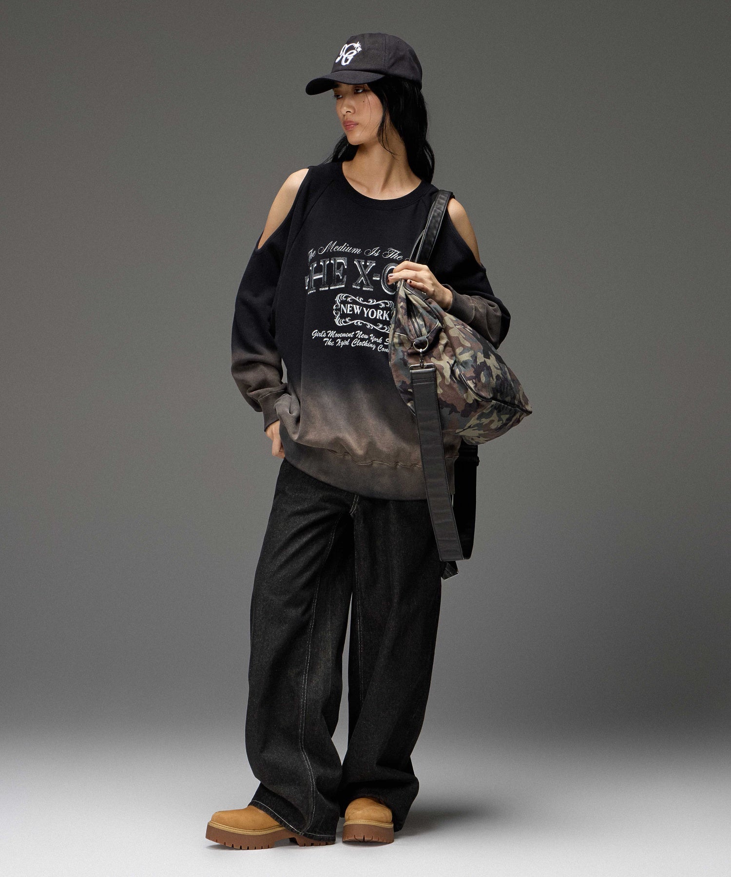 GRADIENT SPRAY OPEN-SHOULDER SWEATSHIRT