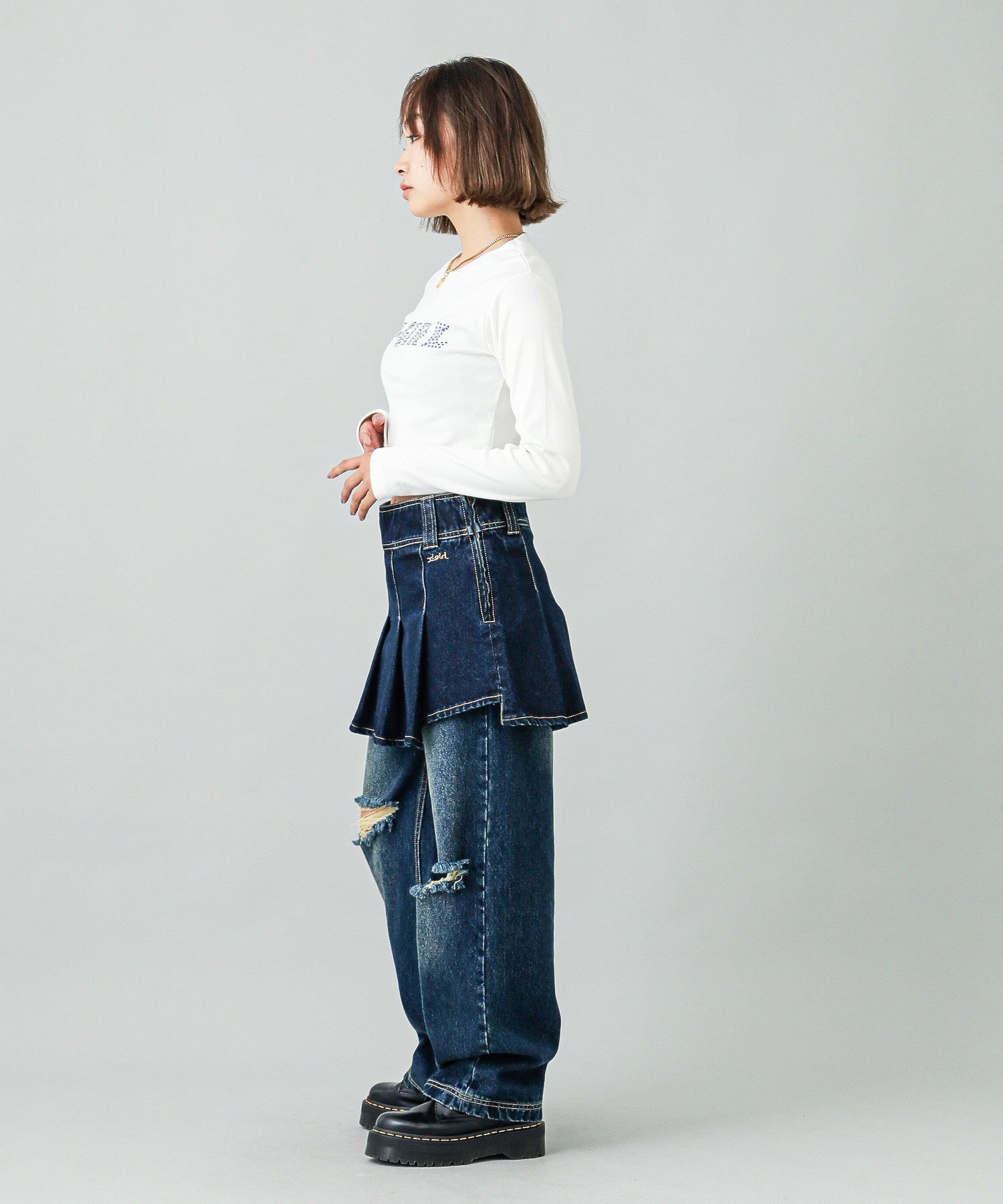 PLEATED DENIM MINI SKIRT