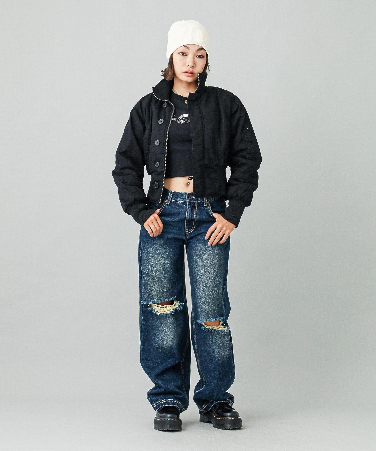 LOW RISE DISTRESSED DENIM PANTS