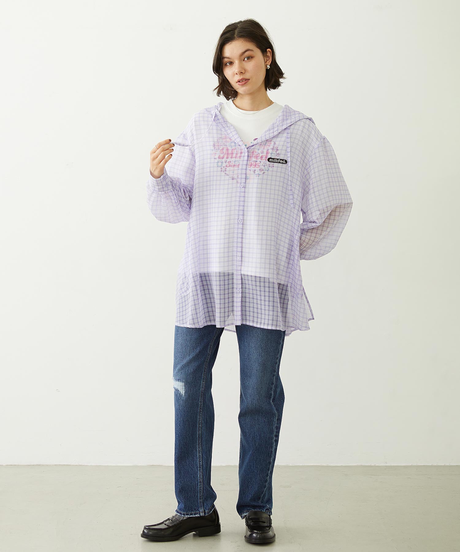 SHEER PLAID HOODED TOP