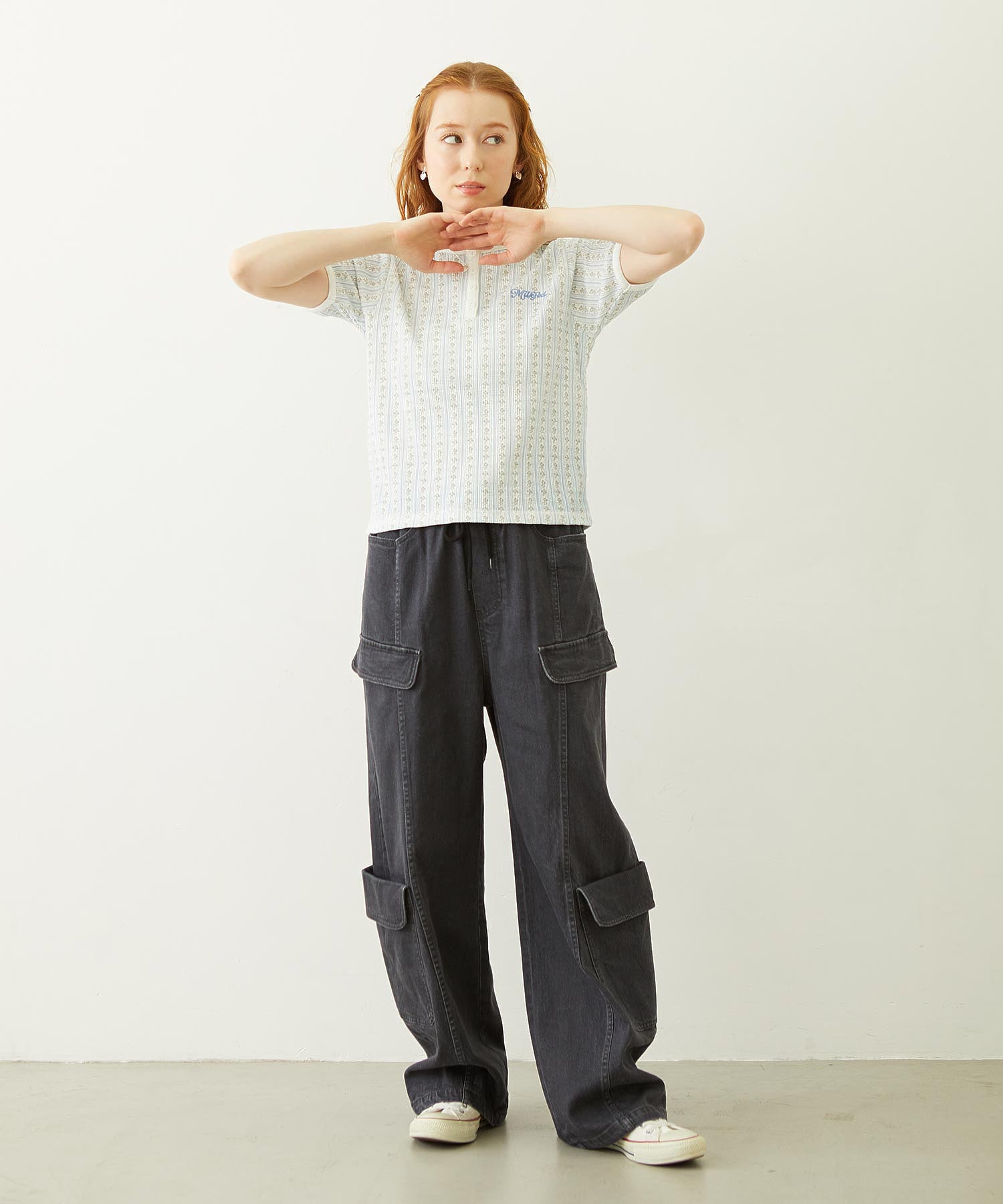 STRIPED FLOWER WAFFLE S/S TOP