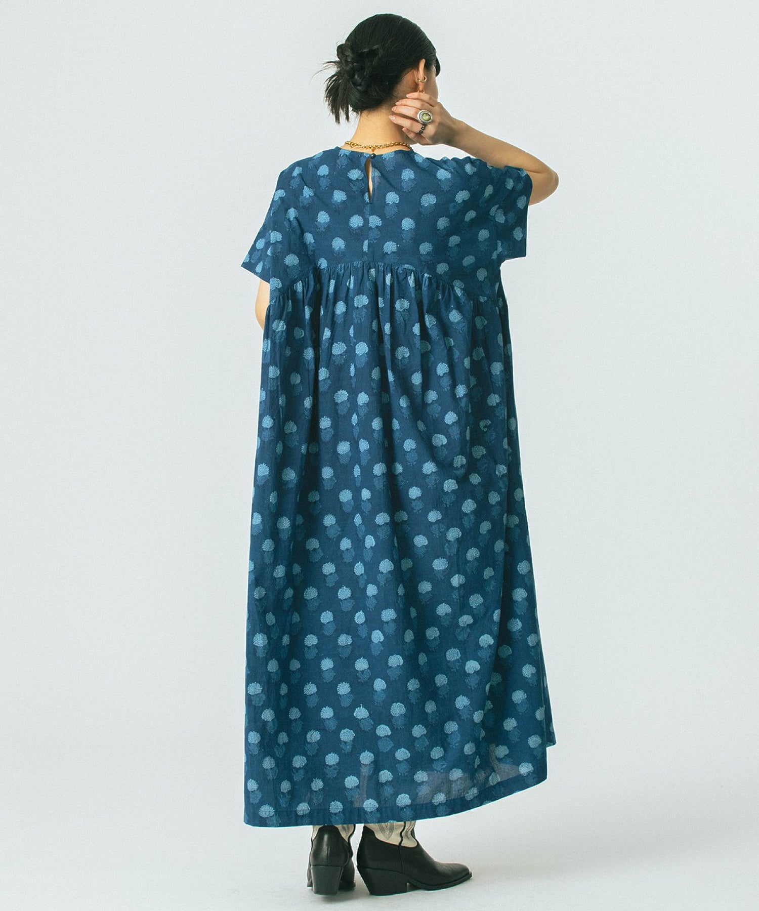 GENE HEAVENS/INDIGO FLOWER SMOCK DRESS