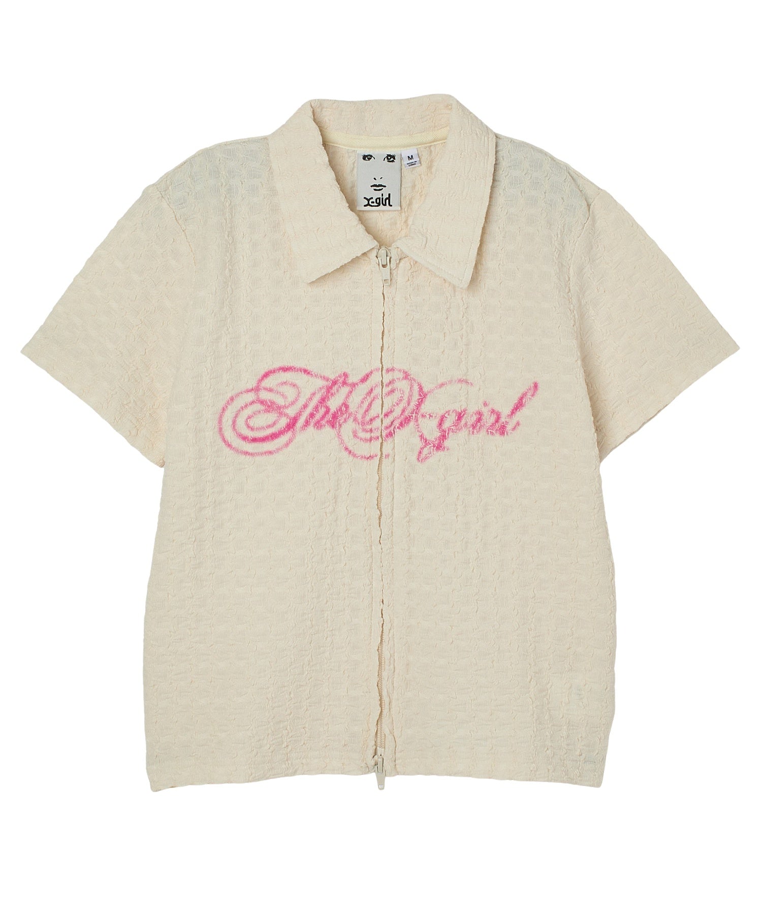 SCRIPT LOGO SHIRRED S/S ZIP UP TOP