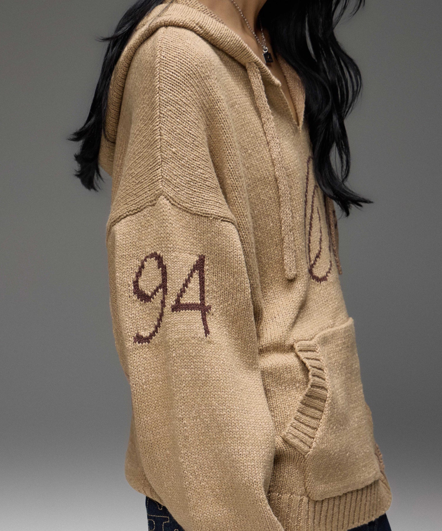 FRONT SLIT KNIT HOODIE