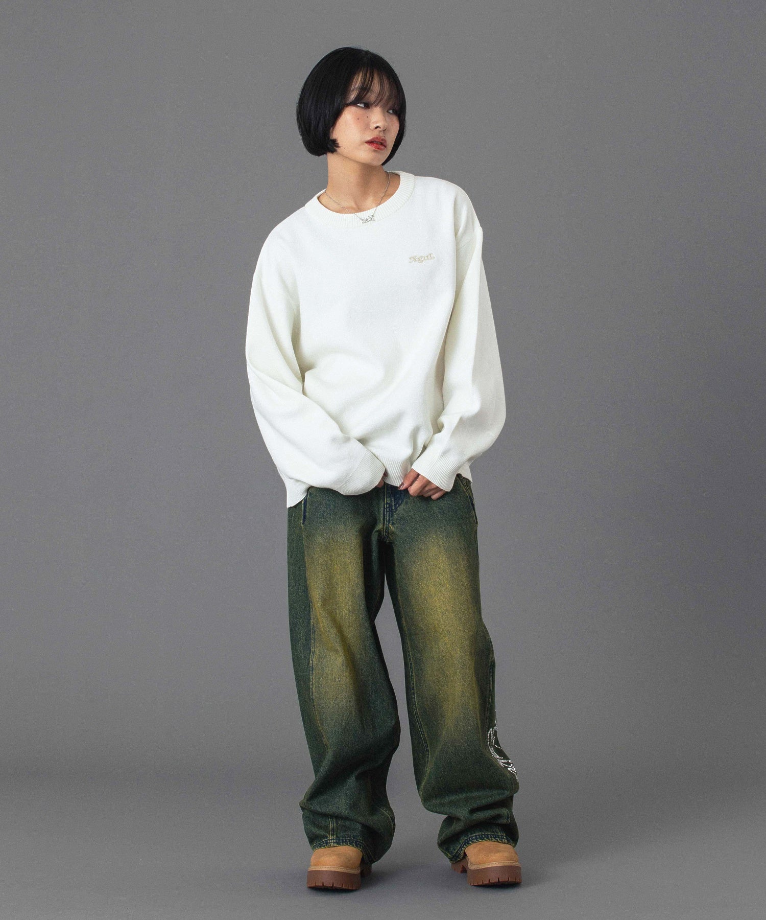RHINESTONE LOGO LOOSE DENIM PANTS