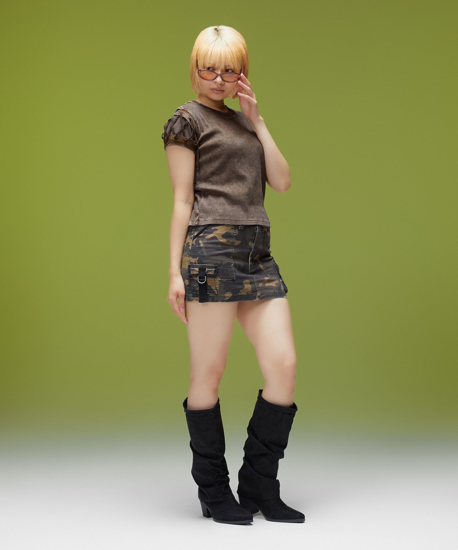 FADED LACED UP SLEEVE S/S COMPACT TOP