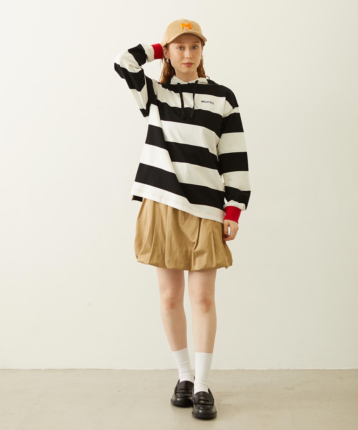 CONTRAST RIB STRIPED HOODED TOP