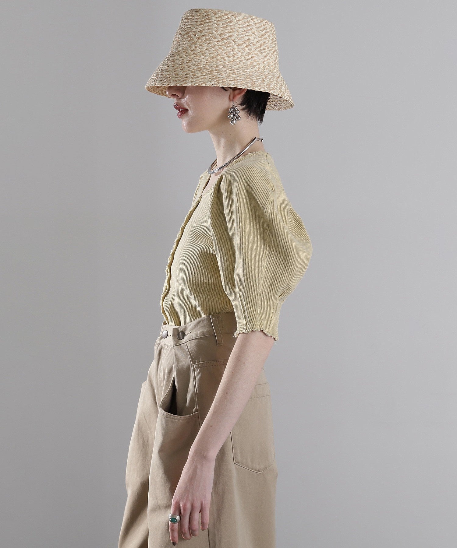 mici/ボリュームスリーブワッフルトップス