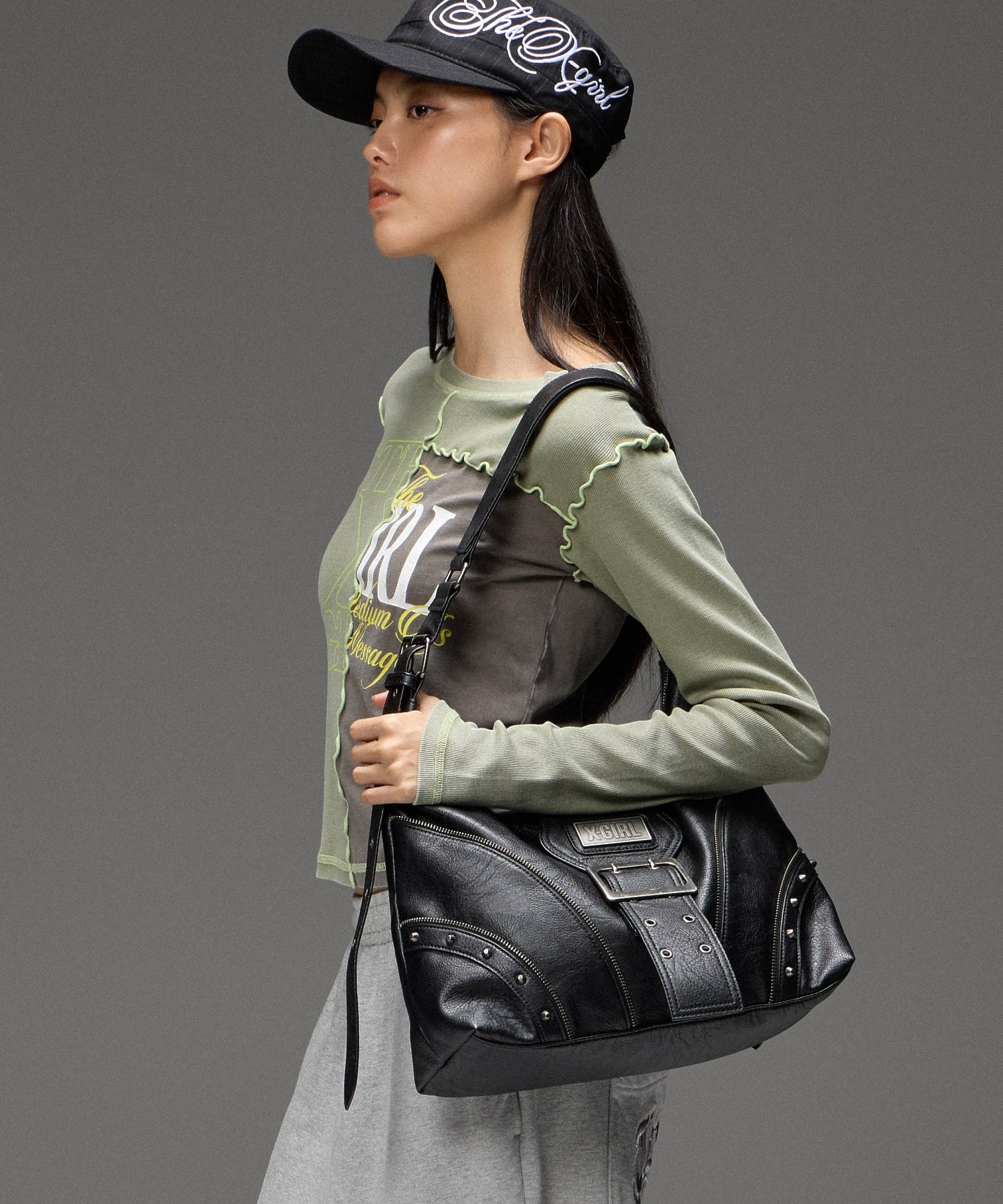 STUDDED PANELED FAUX LEATHER SHOULDER BAG