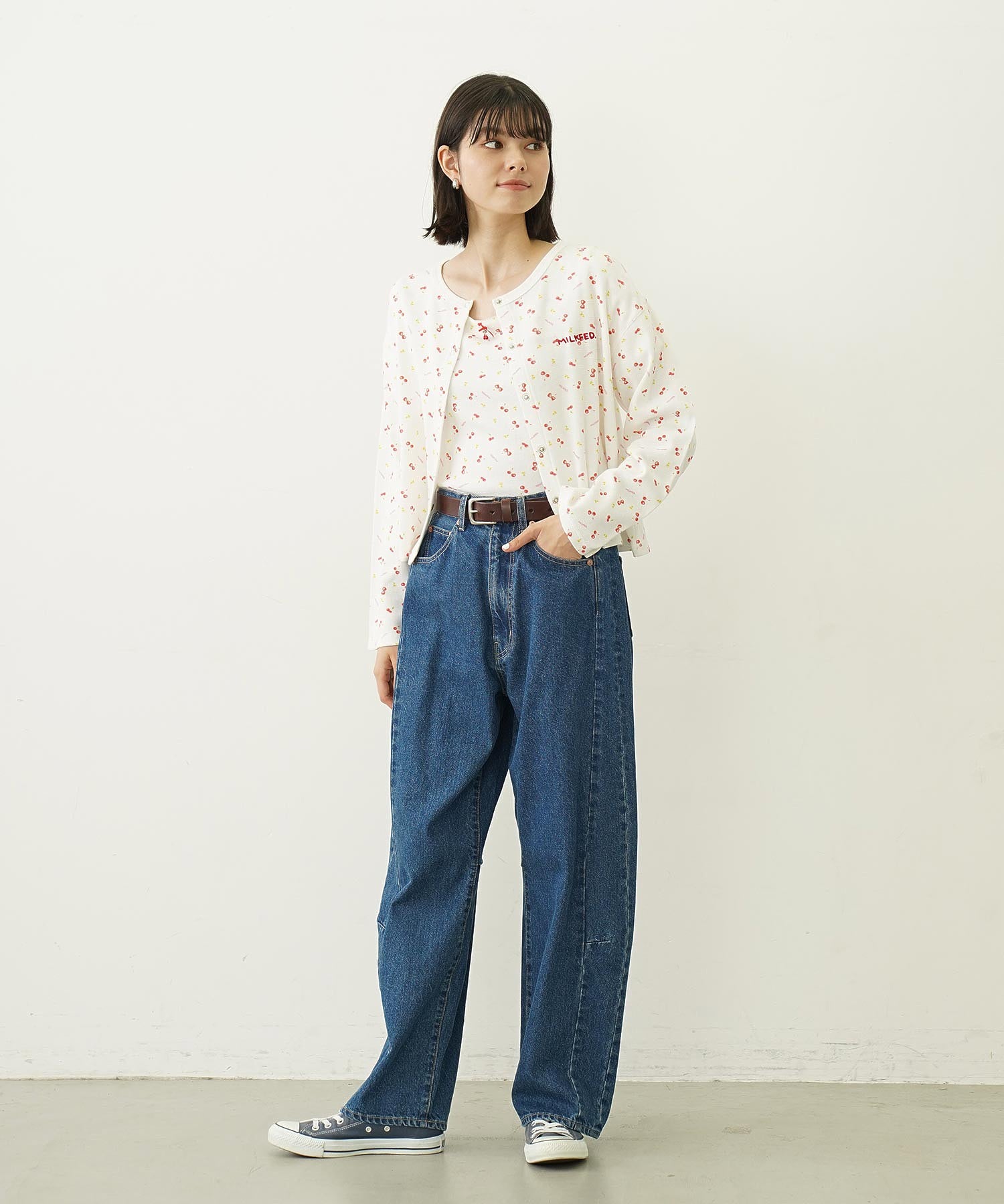 CHERRY PATTERN WAFFLE PUFF SLEEVES TOP