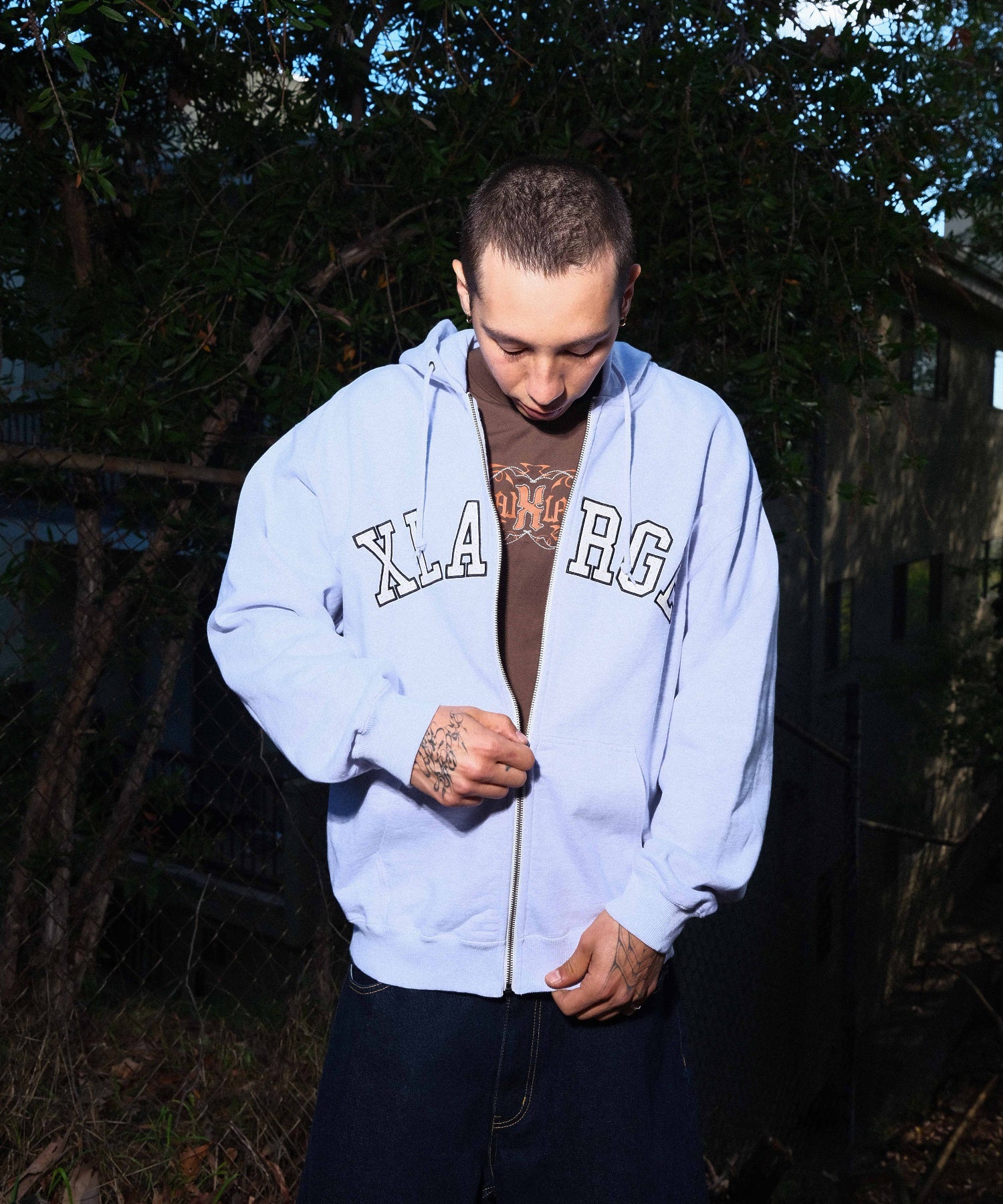 PERFORATED LEATHER LOGO ZIP UP HOODED SWEATSHIRT