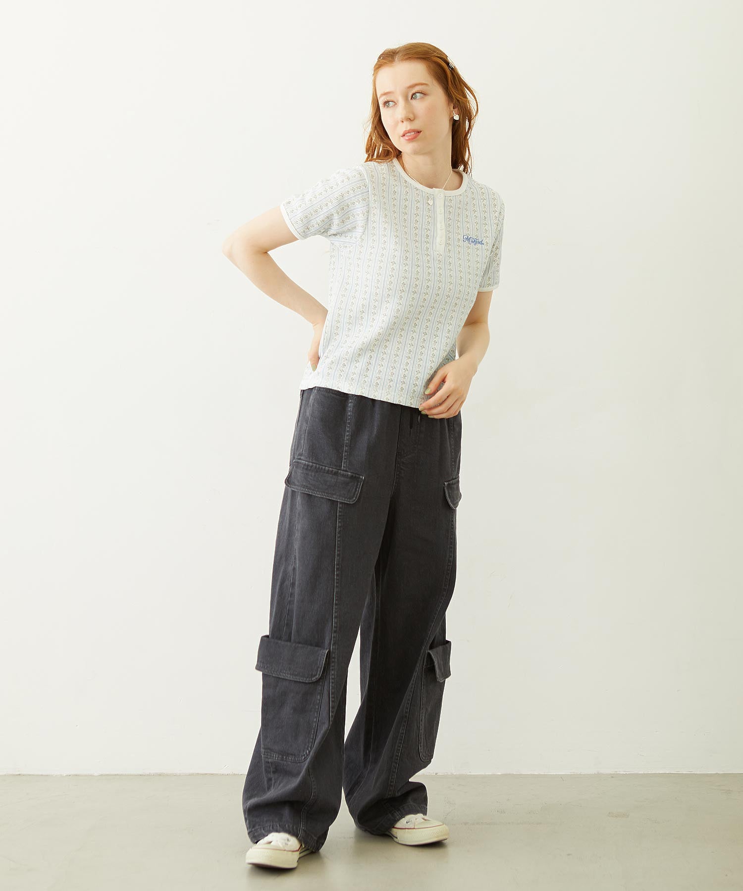 STRIPED FLOWER WAFFLE S/S TOP