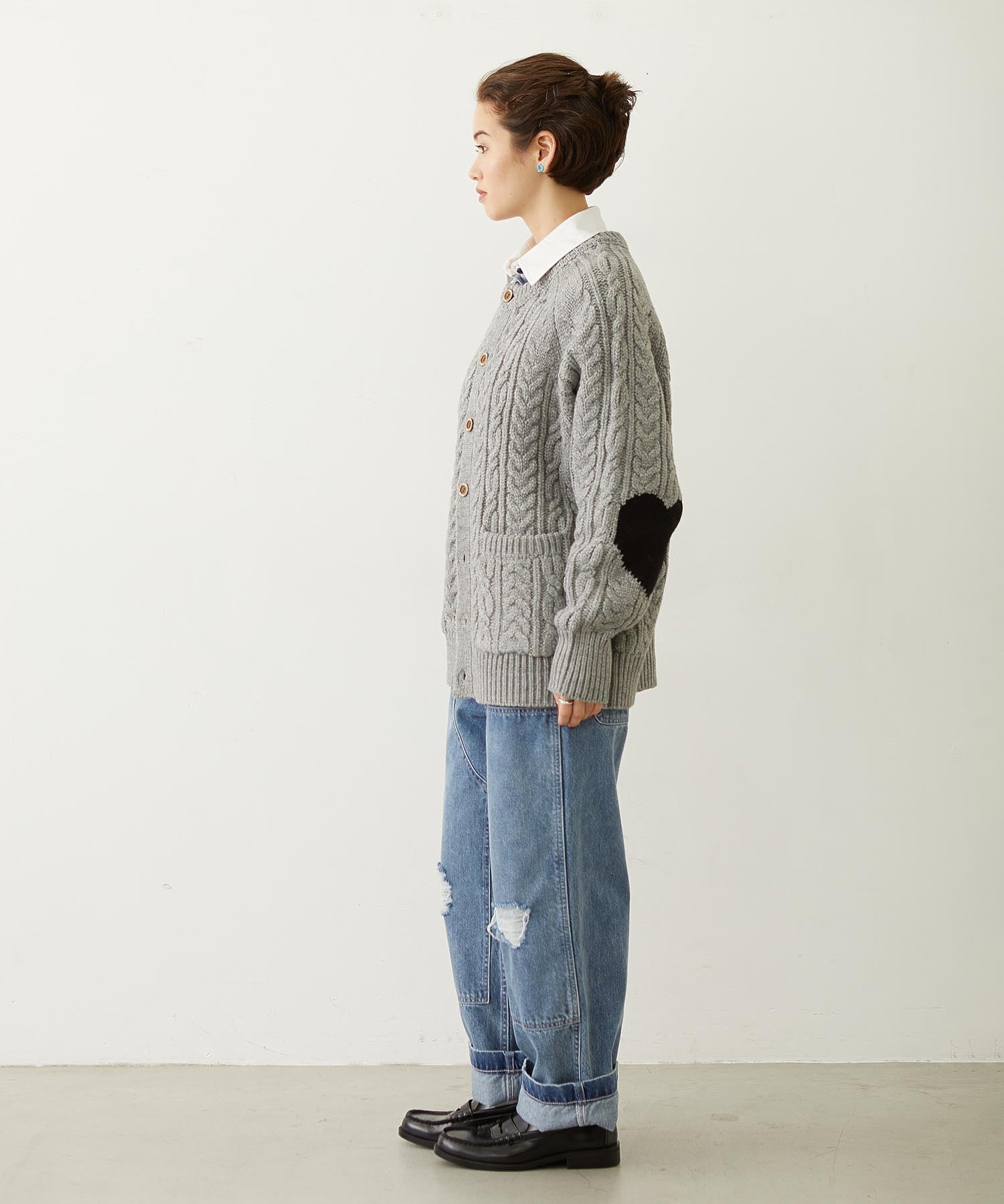 HEART ELBOW CABLE KNIT CARDIGAN