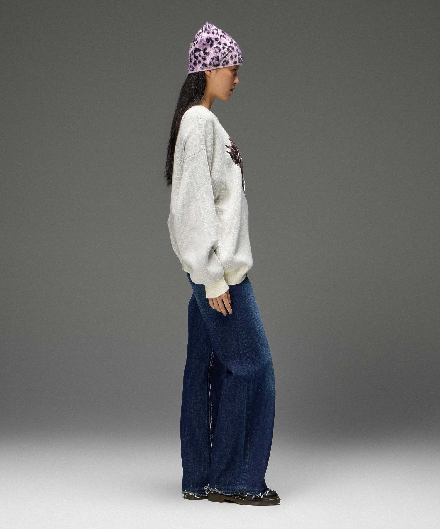 LEOPARD HEART LOGO JACQURD KNIT TOP