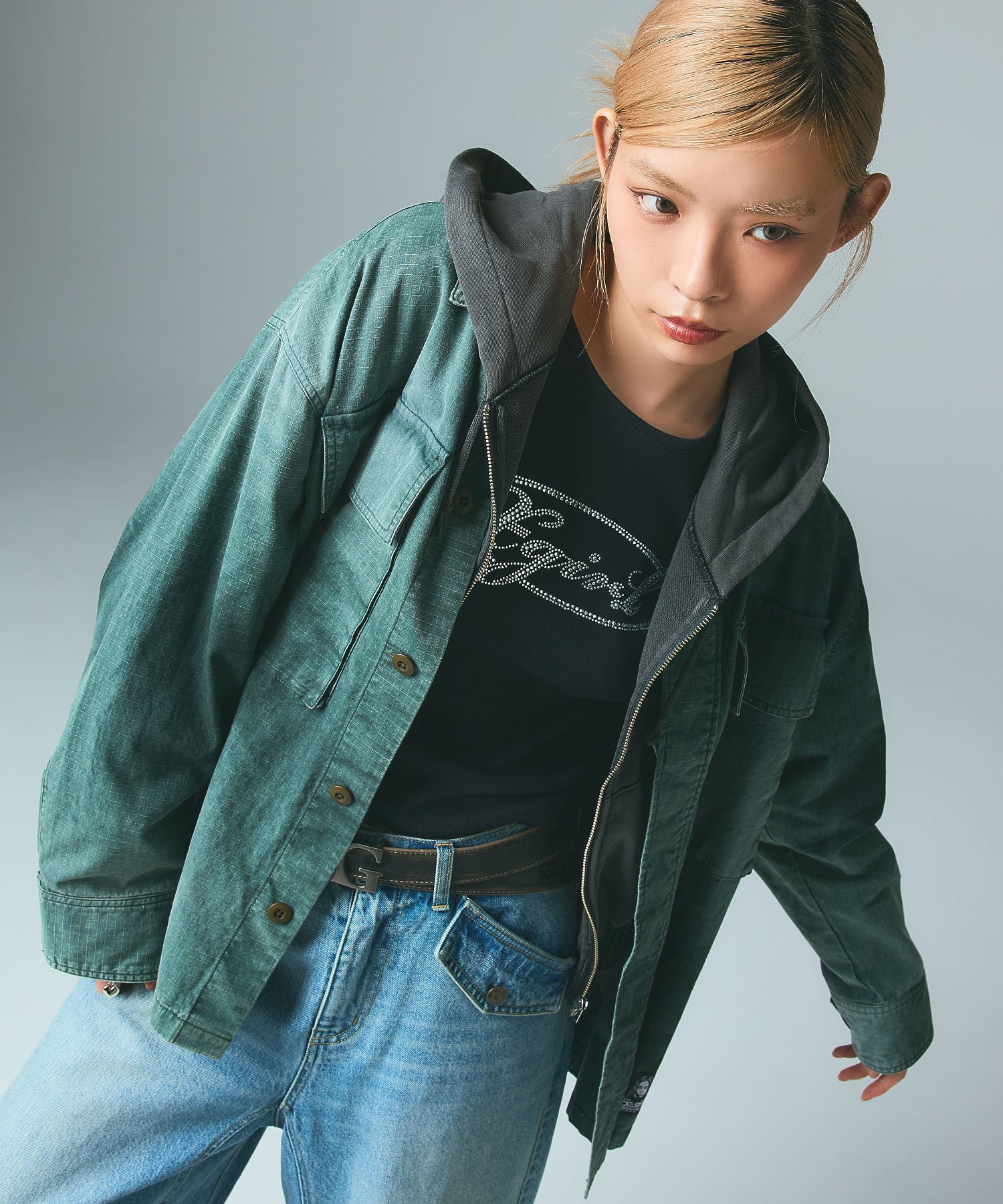 PIGMENT DYED SCRIPT LOGO COMPACT ZIP UP SWEAT HOODIE