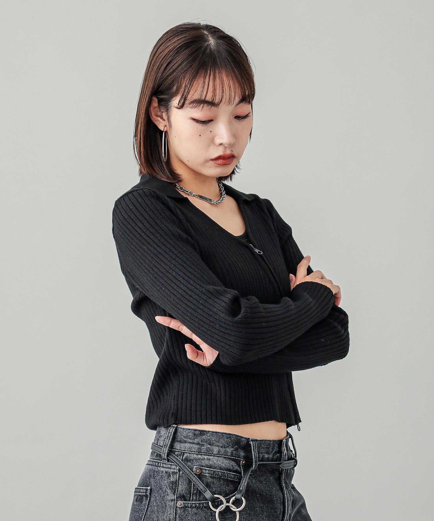 ZIP UP RIB KNIT TOP