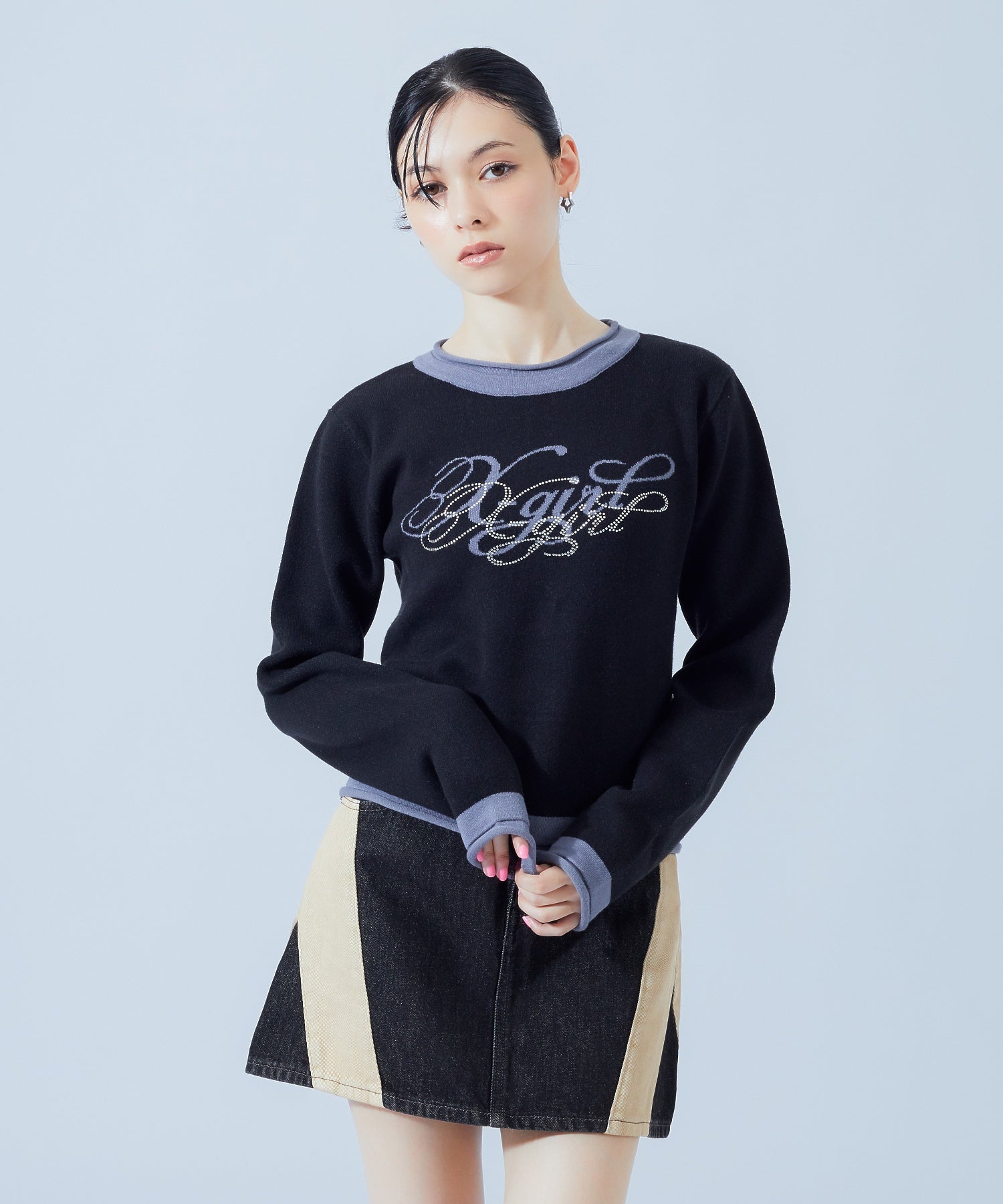 RHINESTONE AND JACQUARD LOGO COMPACT KNIT TOP