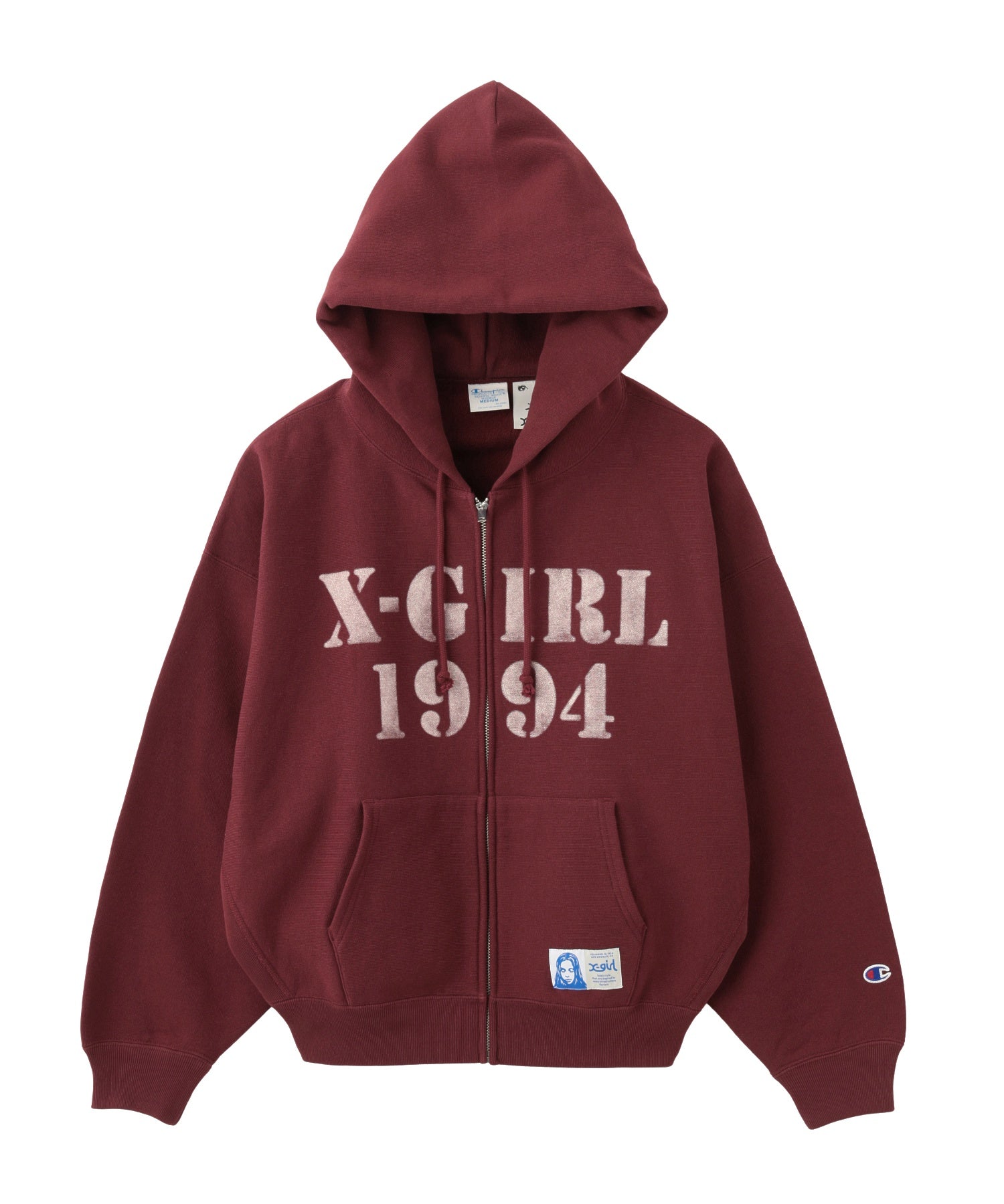 X-girl × Champion REVERSE WEAVE STENCIL LOGO ZIP UP HOODIE