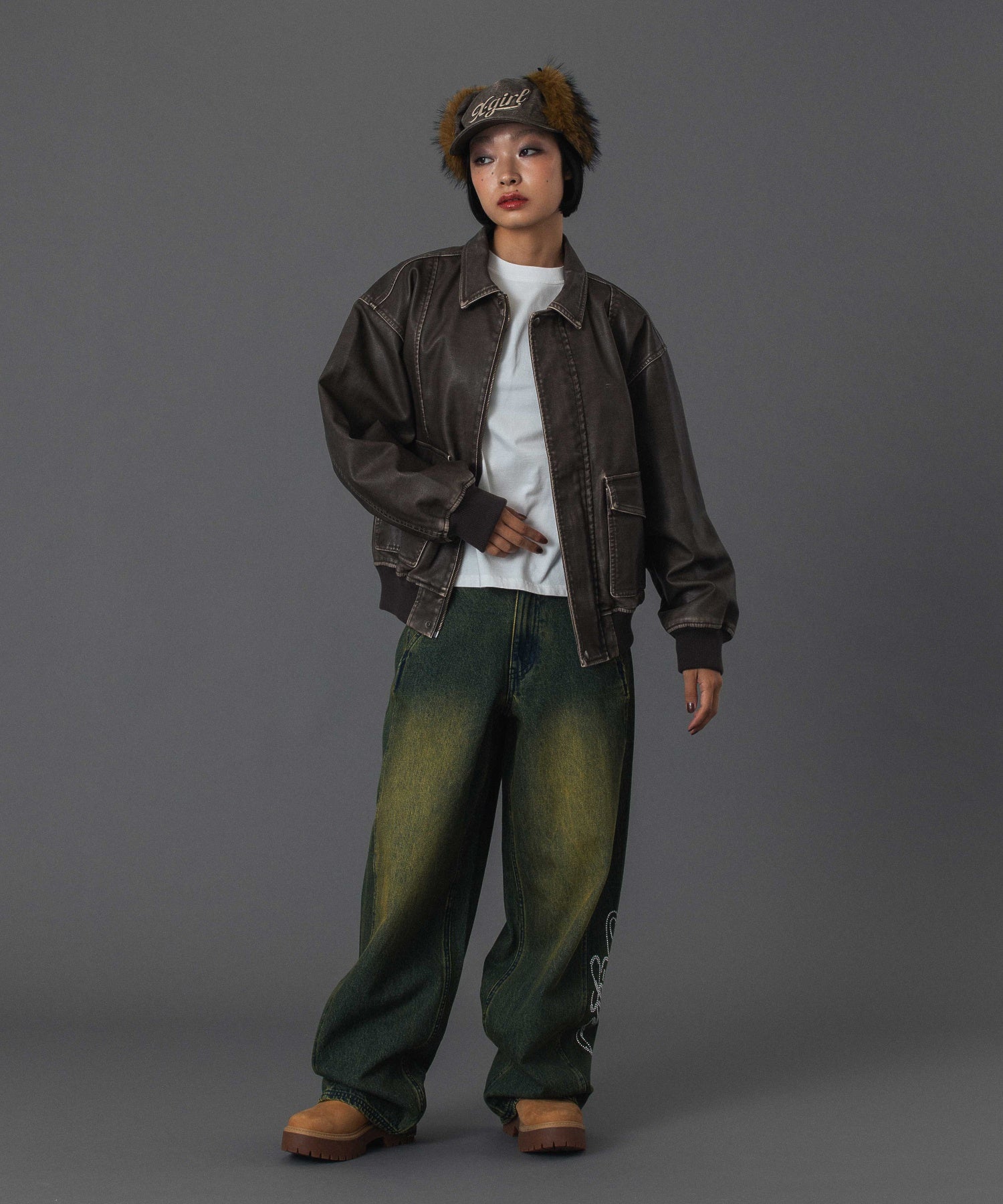 EMBOSSED LOGO PATCH DISTRESSED FAUX LEATHER JACKET