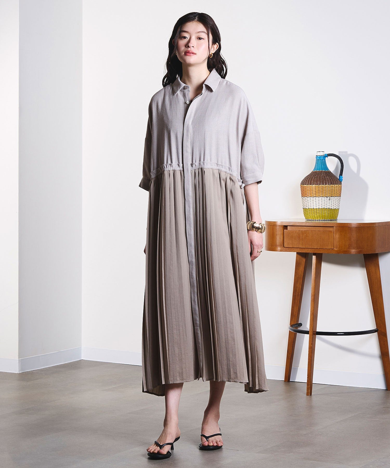 GENE HEAVENS/PLEATED SKIRT MIX FABRIC S/S SHIRT DRESS