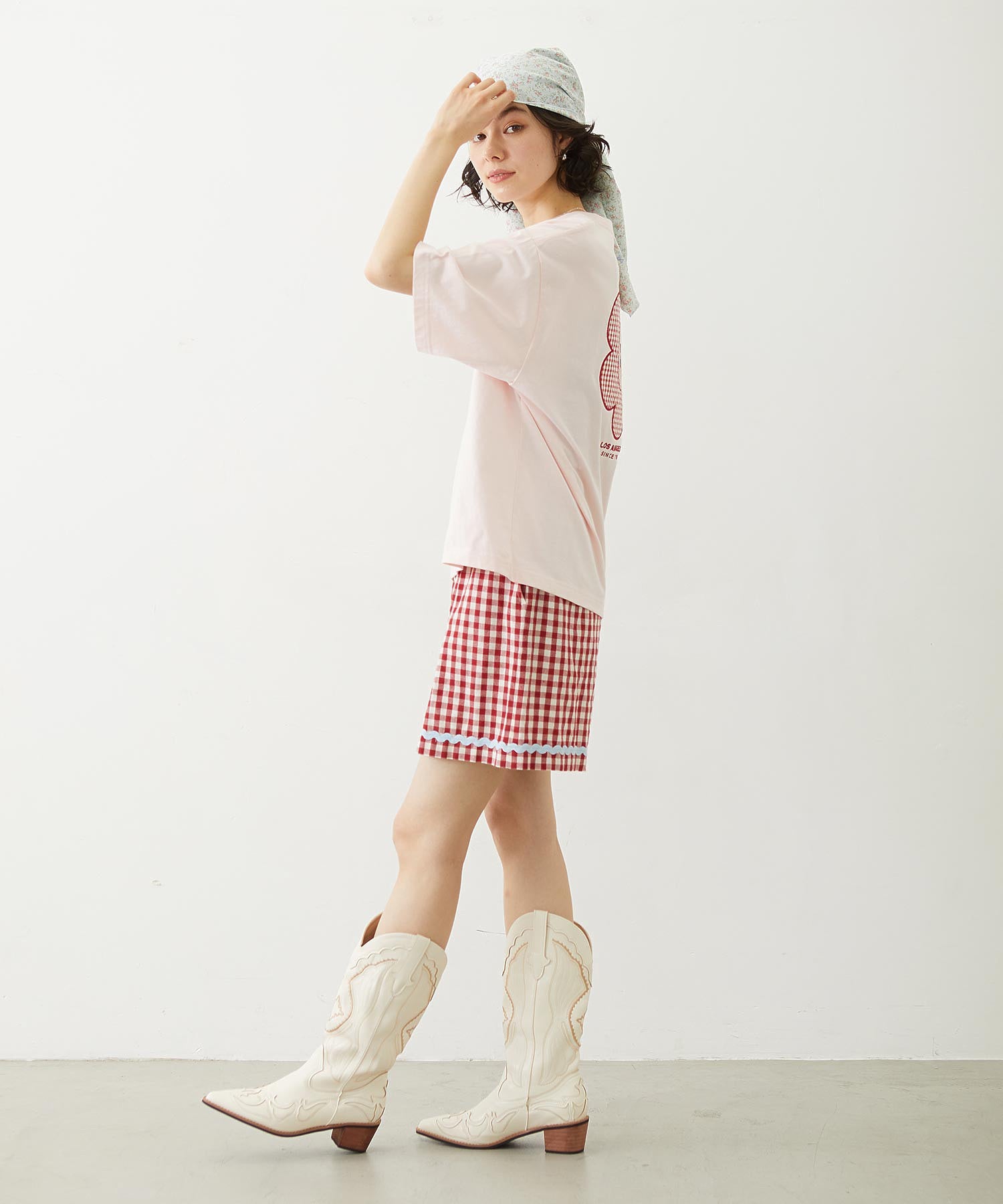 CUT OUT LOGO GINGHAM FLOWER WIDE S/S TEE