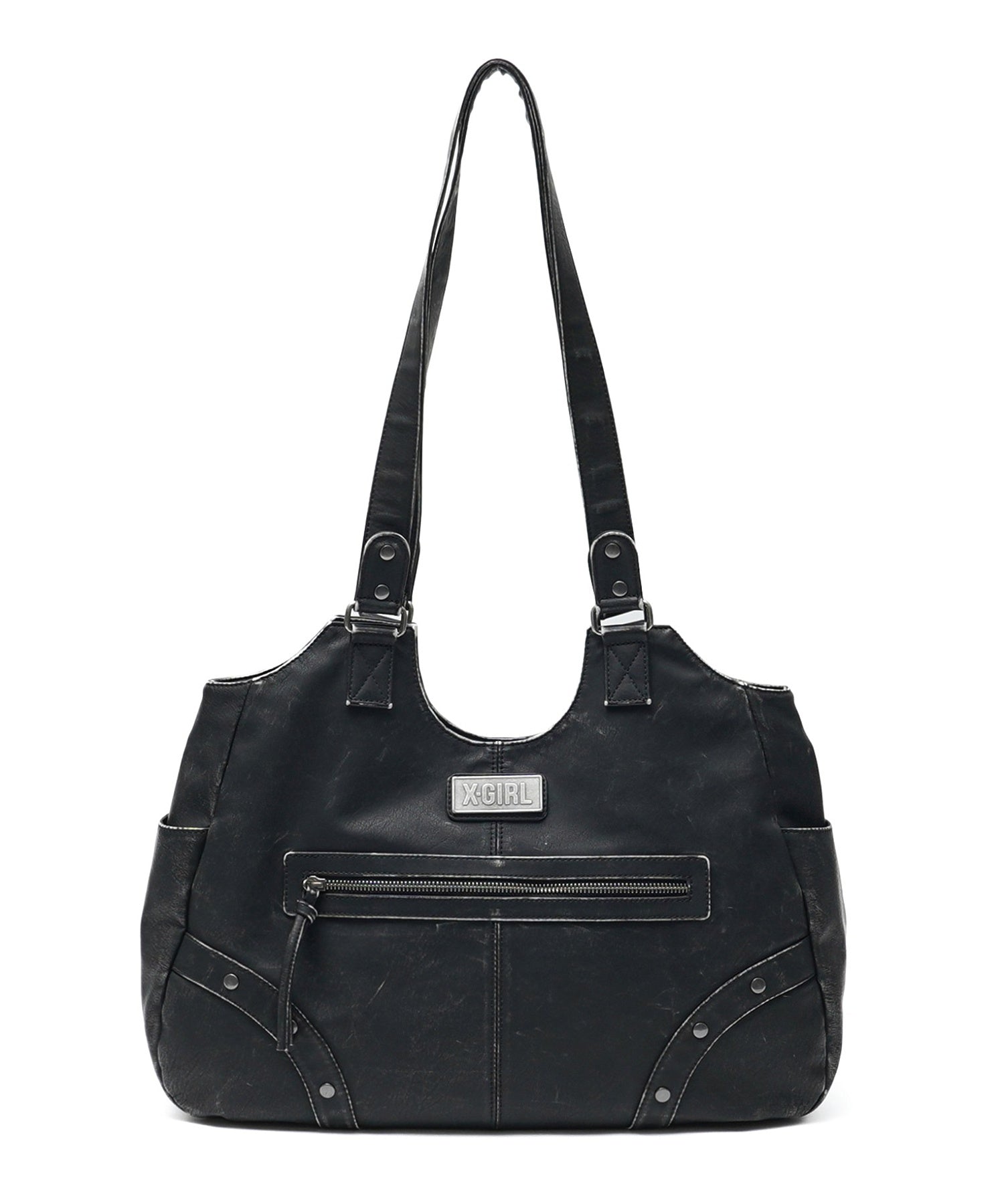 METAL LABEL FAUX LEATHER BAG