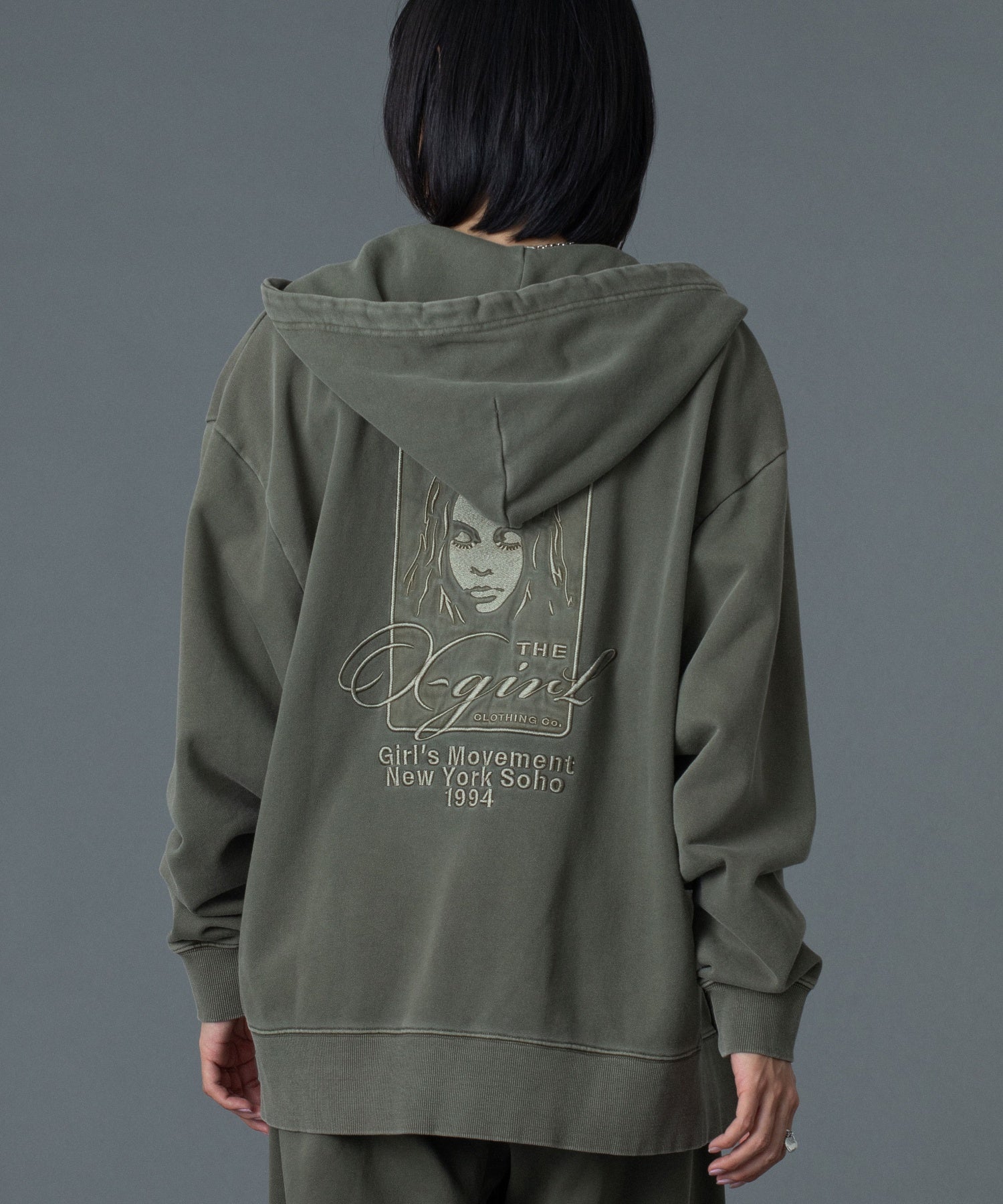 PIGMENT DYED FACE AND LOGO SQUARE PATCH ZIP UP SWEAT HOODIE