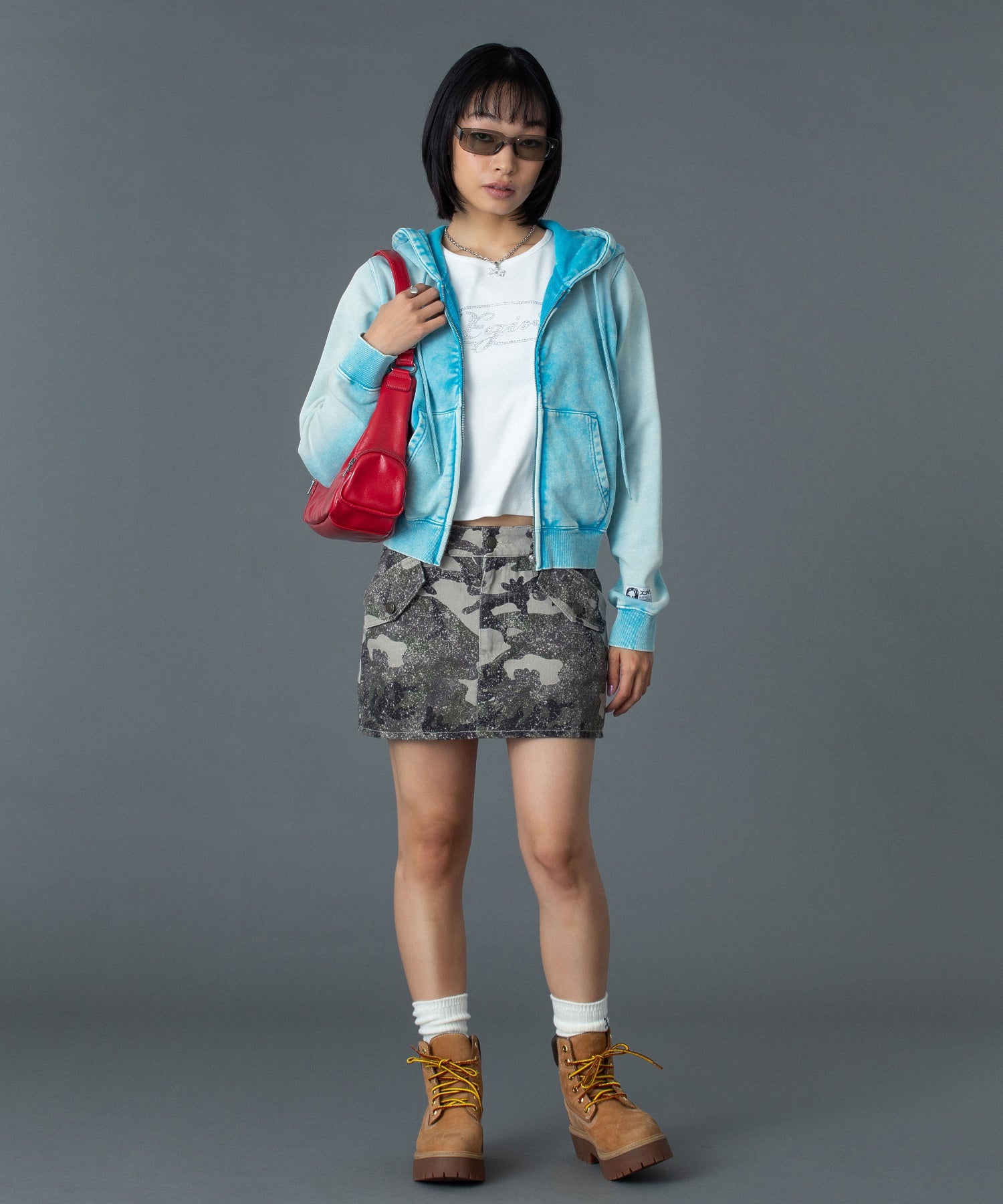 FACE LABEL WASHED COMPACT ZIP UP SWEAT HOODIE