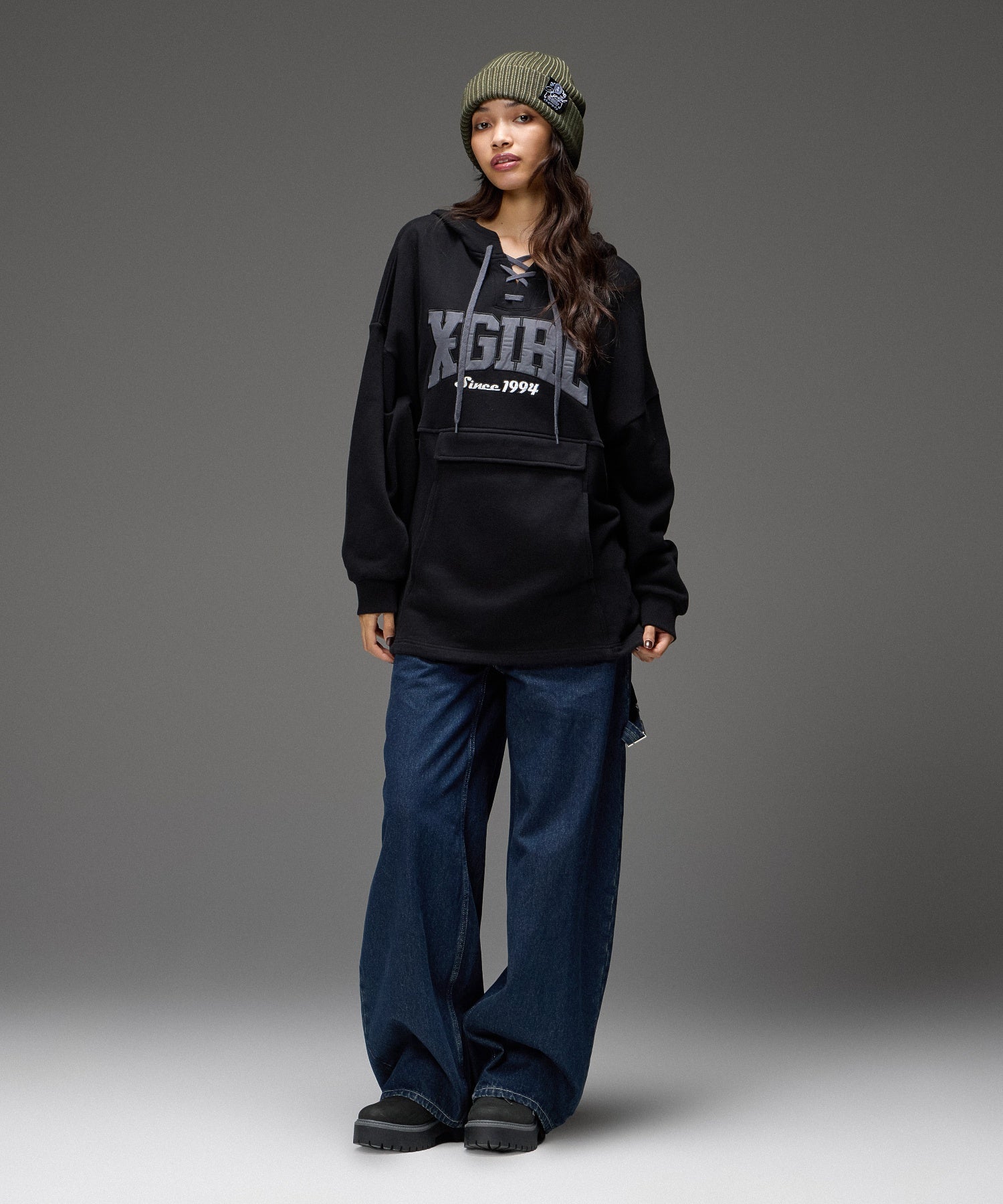FRONT LACE UP ANORAK SWEAT HOODIE