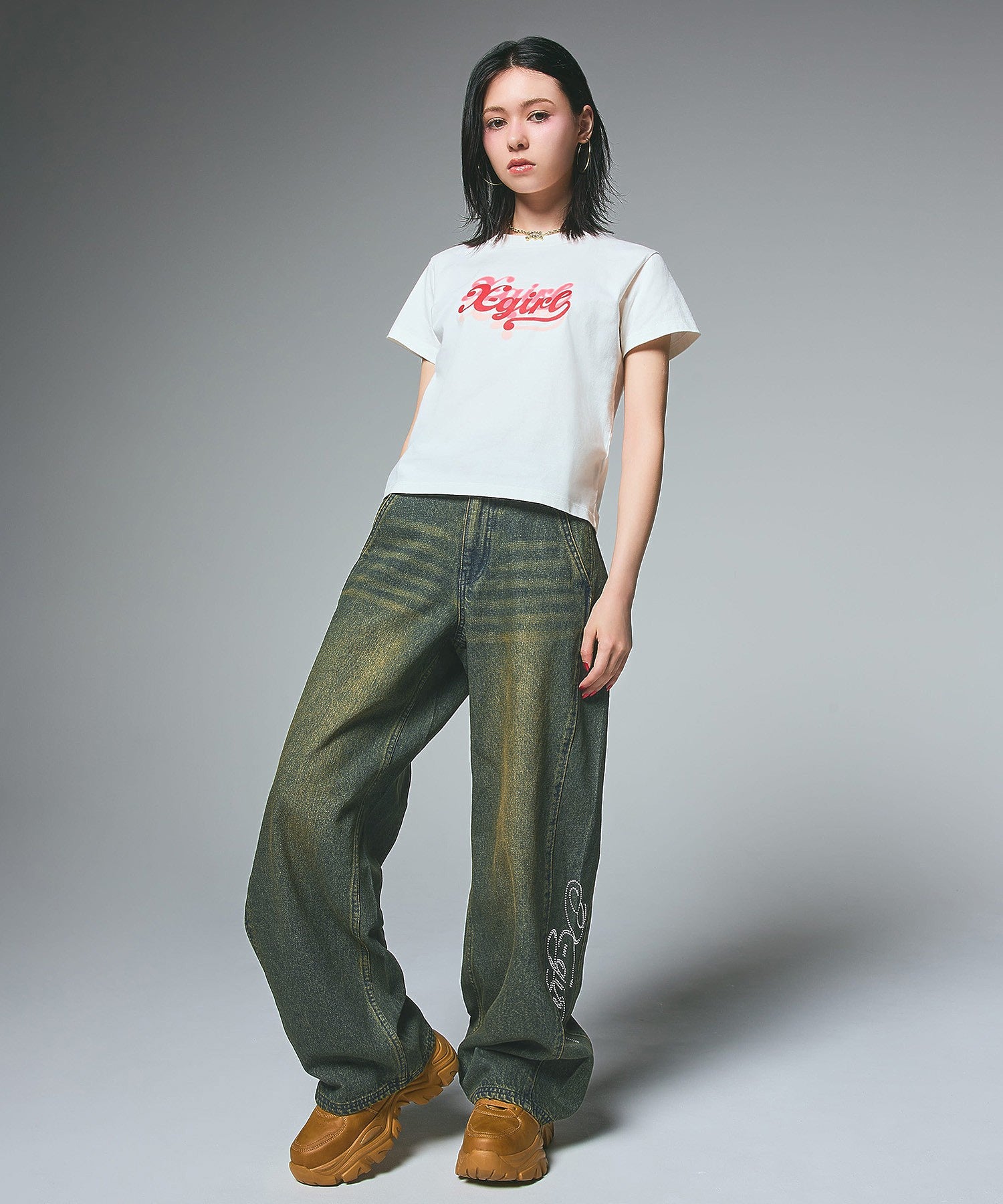 RHINESTONE LOGO LOOSE DENIM PANTS