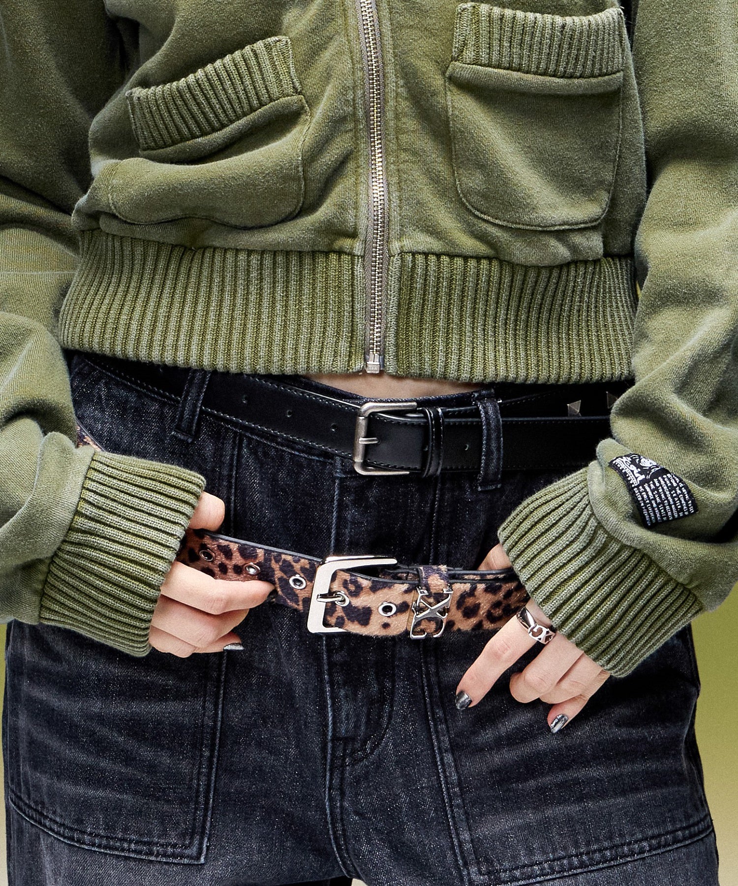 METAL LOGO STUDDED FAUX LEATHER BELT