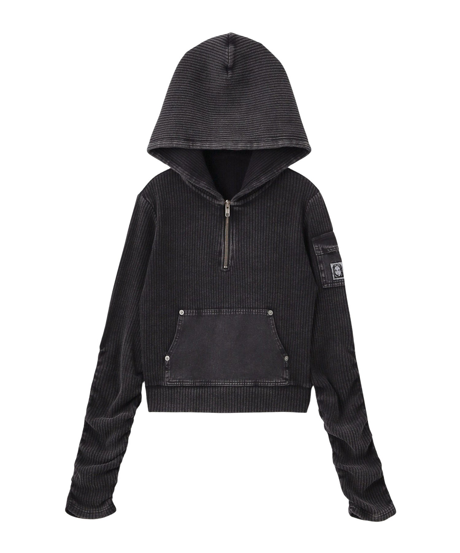 FADED WOVEN MIX HALF ZIP HOODED TOP