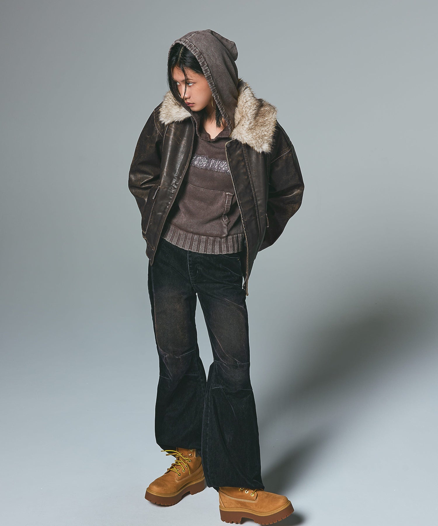 EMBOSSED LOGO PATCH DISTRESSED FAUX LEATHER JACKET