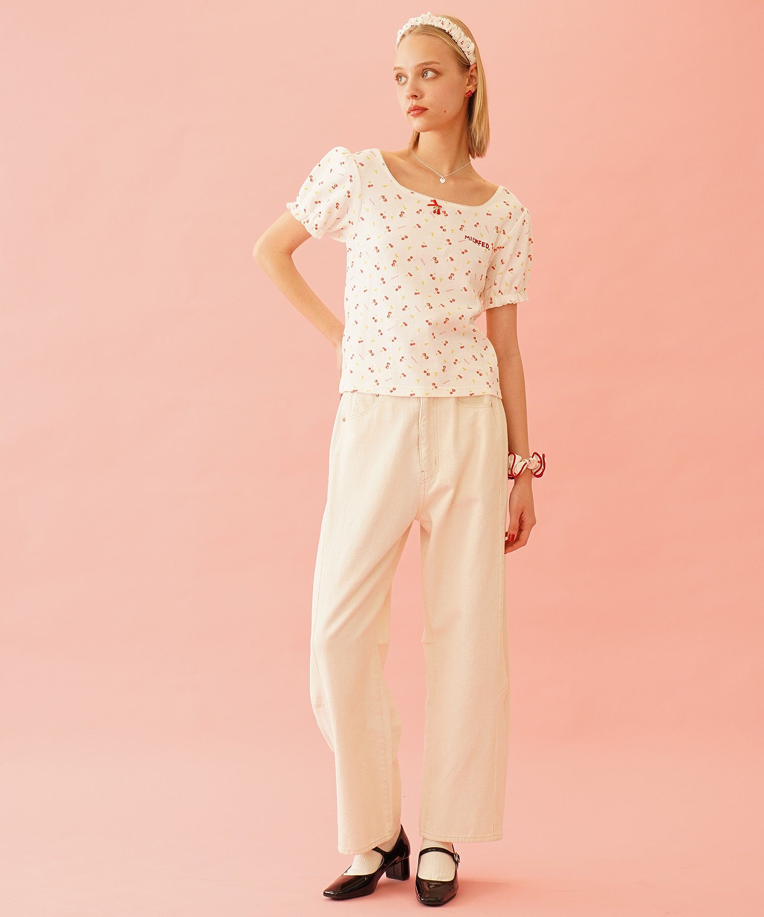 CHERRY PATTERN WAFFLE PUFF SLEEVES TOP