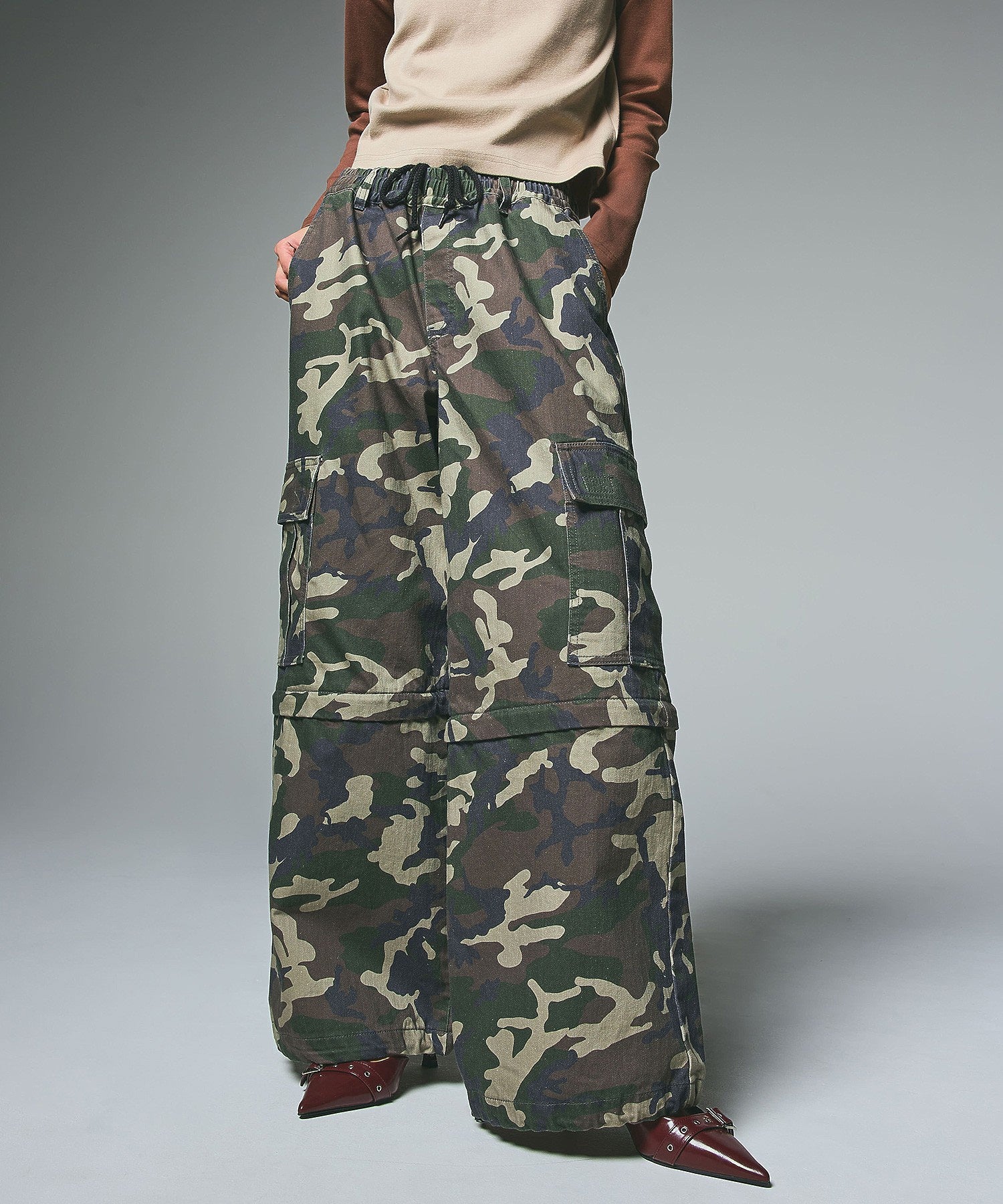 WASHED 2WAY WIDE LEG CARGO PANTS