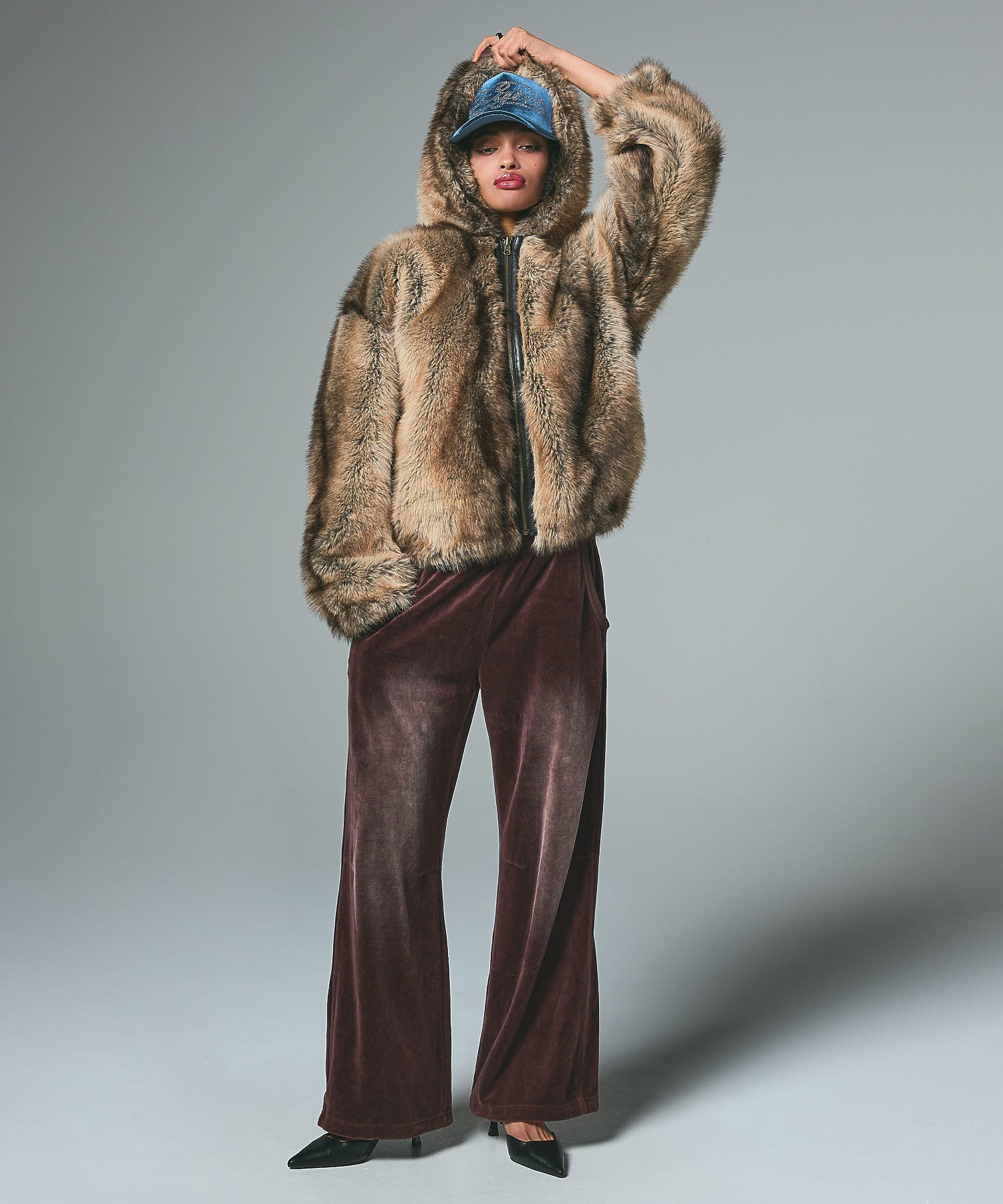 LOGO PATCHED FAUX FUR HOODED JACKET