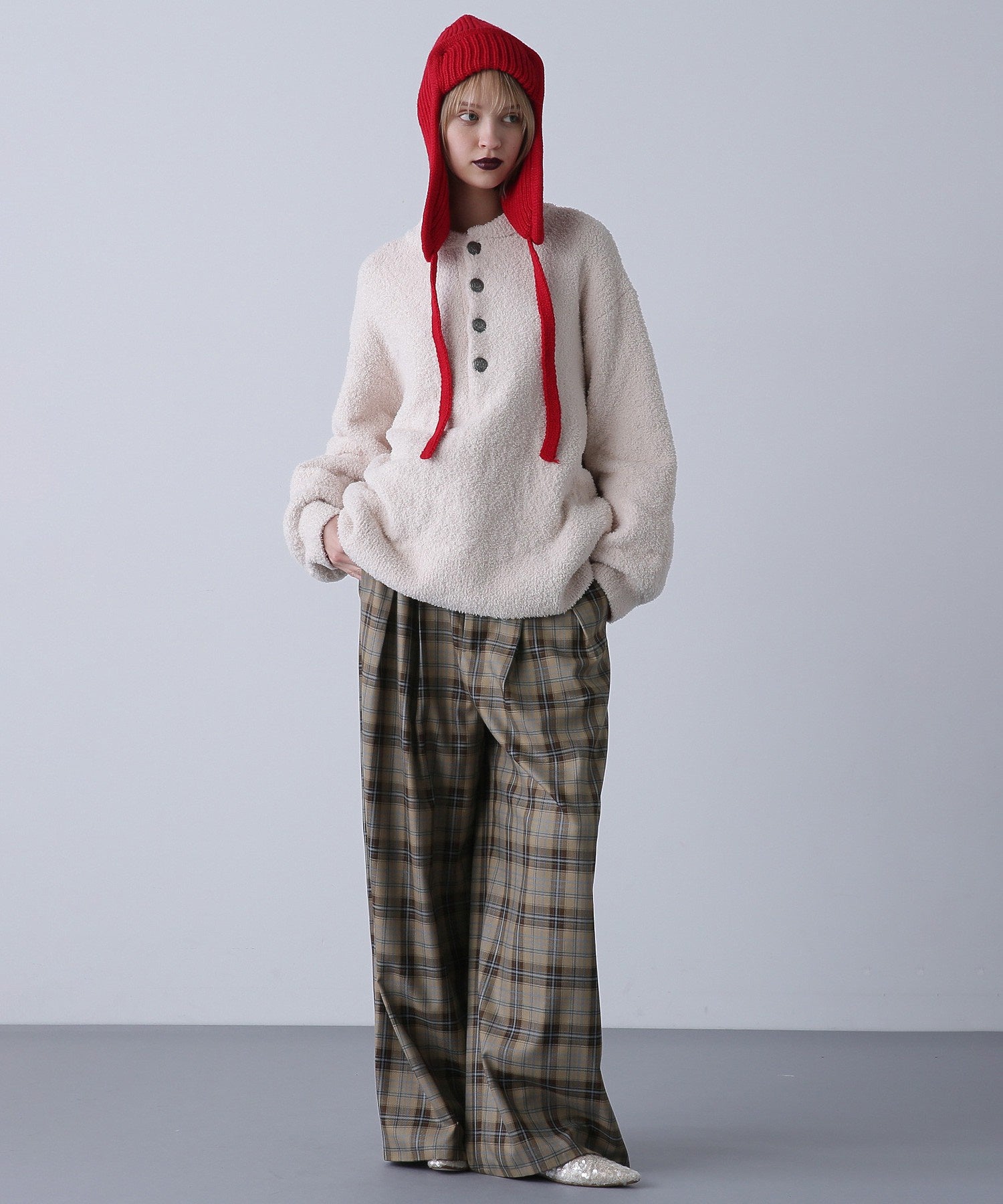 コンチョボタン モコモコ ヘンリーネックトップス