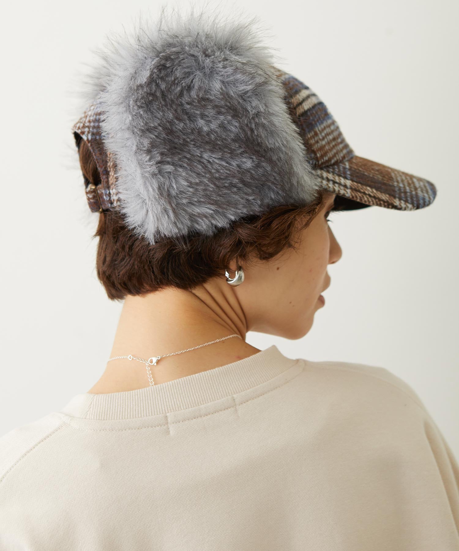 PLAID PATTERN FUR EAR FLAP