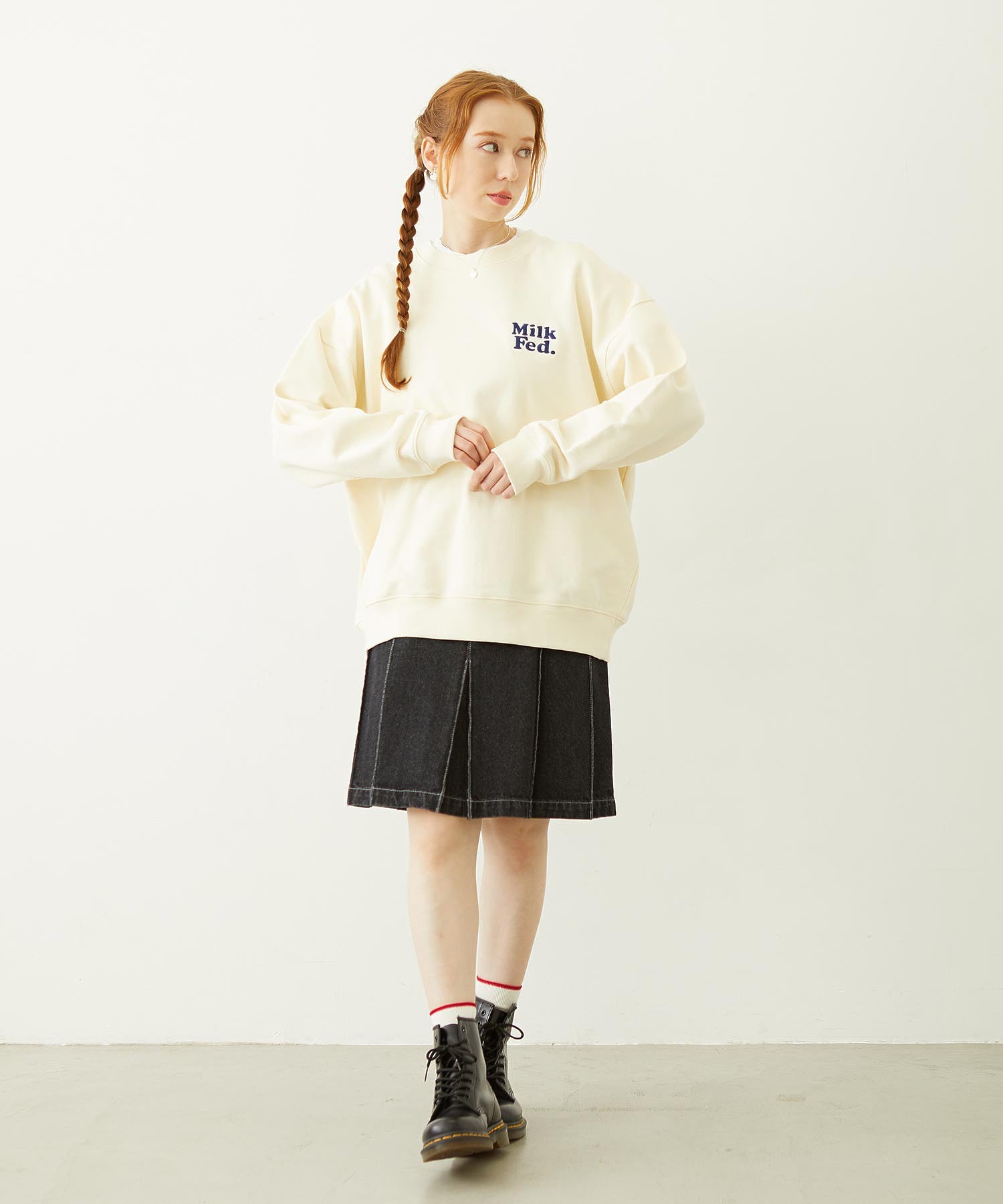 MILKFED. PLAID LOGO WIDE CREW SWEAT