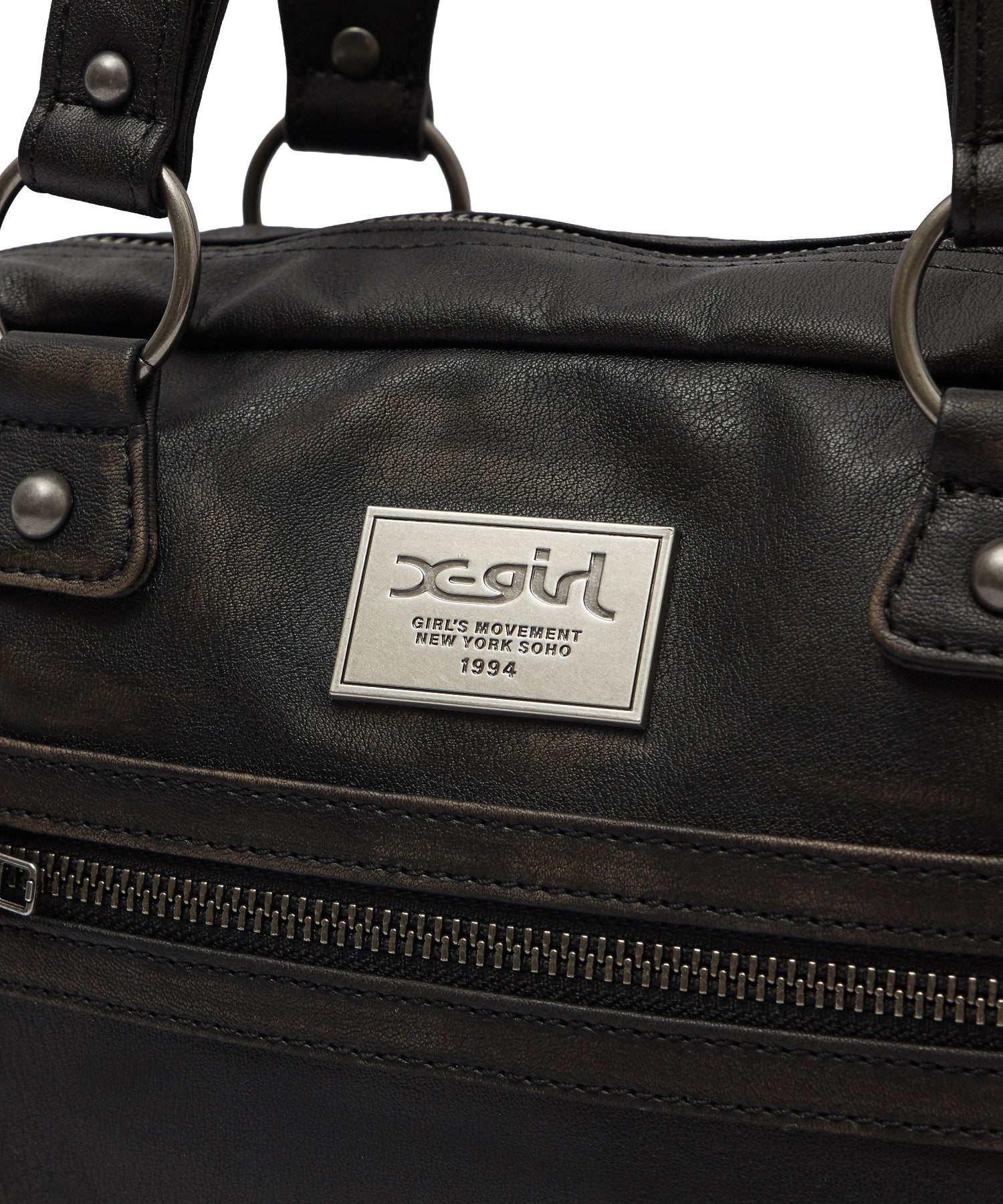 METAL LOGO PLATE FAUX LEATHER HANDBAG