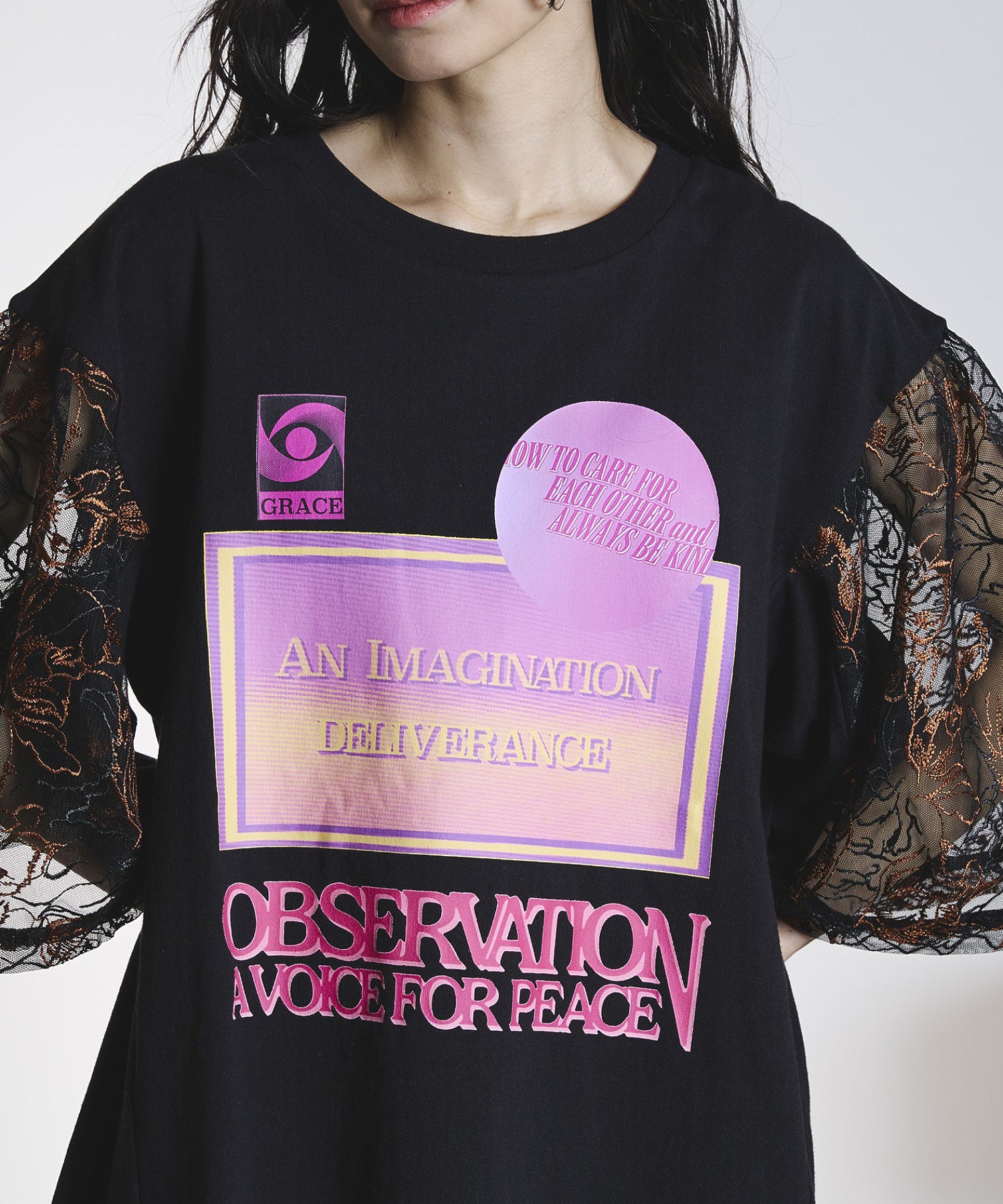 OKIRAKU×ROSEBUD/LACE SLEEVE GRAPHIC TOP