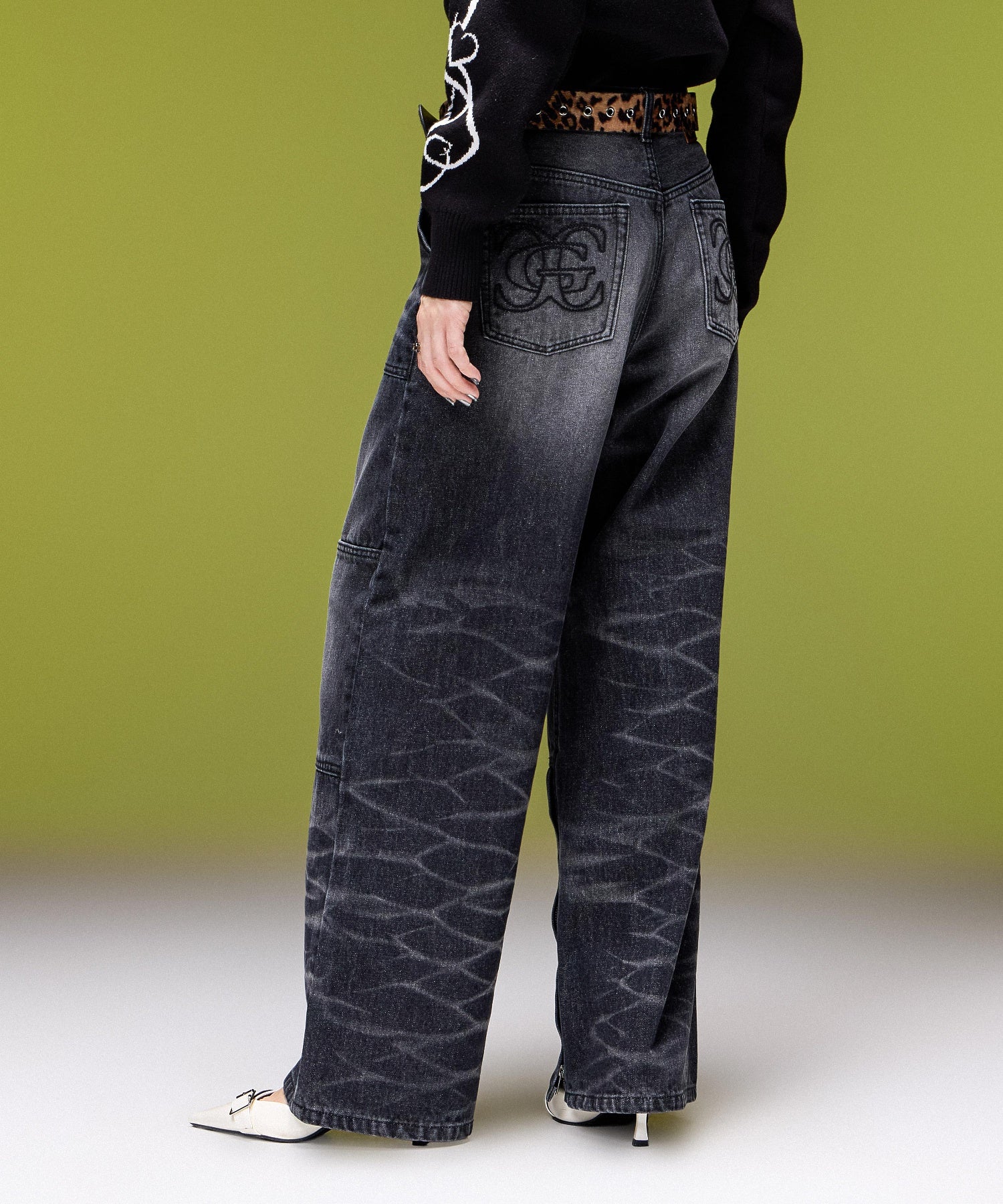 FADED WIDE LEG FLARE DENIM PANTS