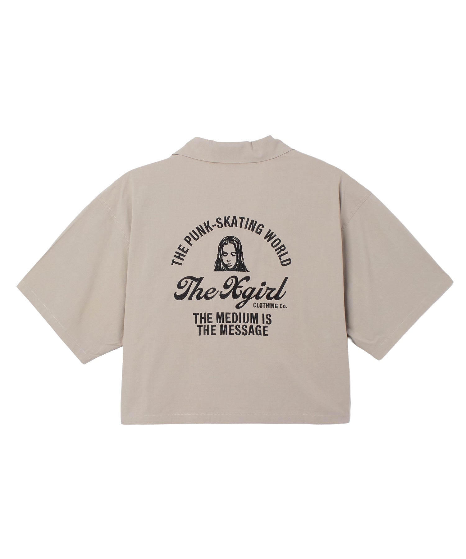 ARCH LOGO AND FACE OPEN COLLAR CROPPED SHIRT