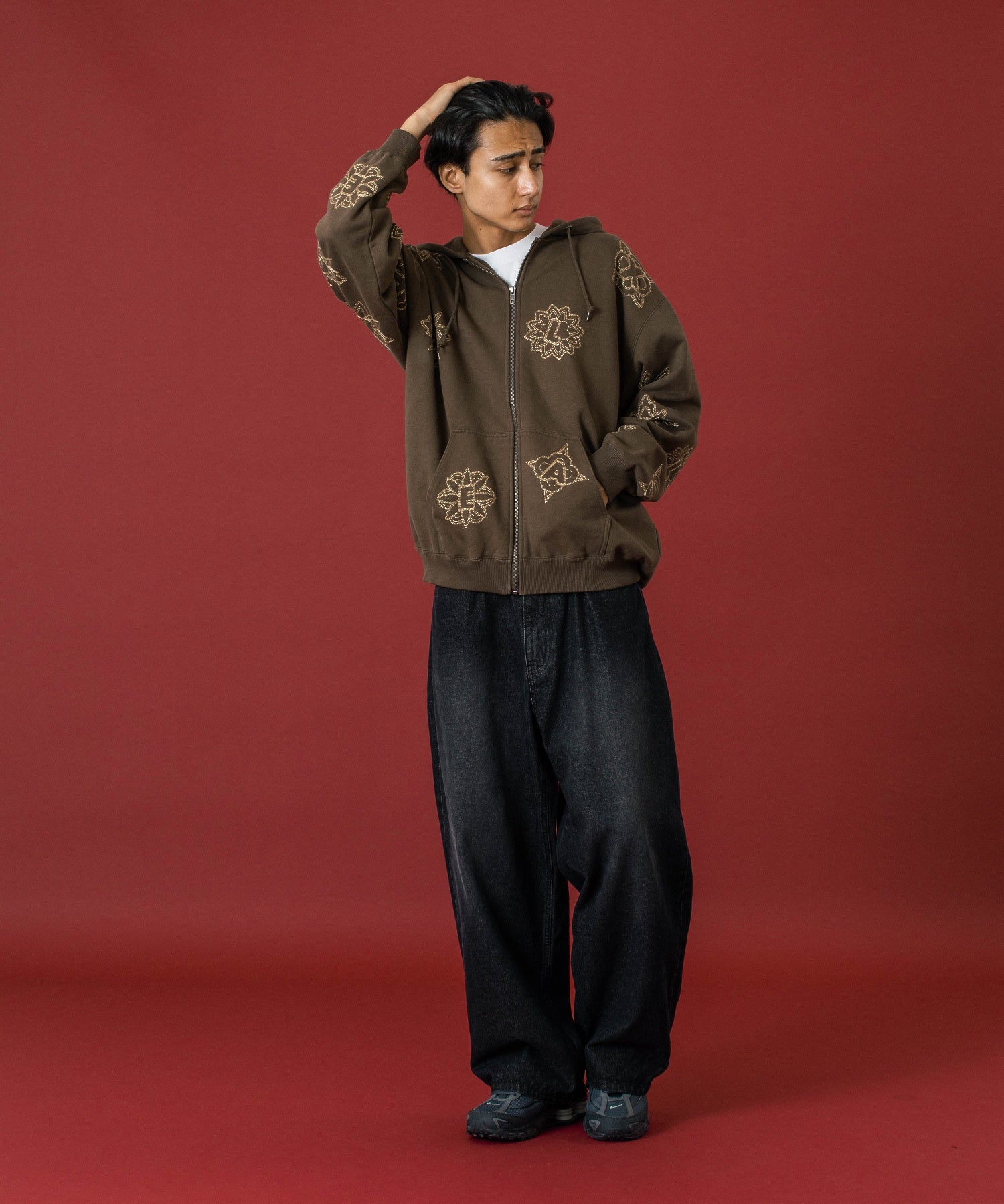 ALLOVER EMBROIDERY ZIP UP HOODED SWEATSHIRT