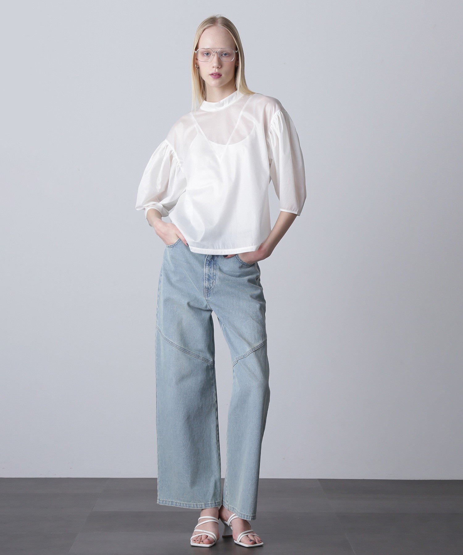 mici/VOLUME SLEEVE TRICOT CHIFFON TOP