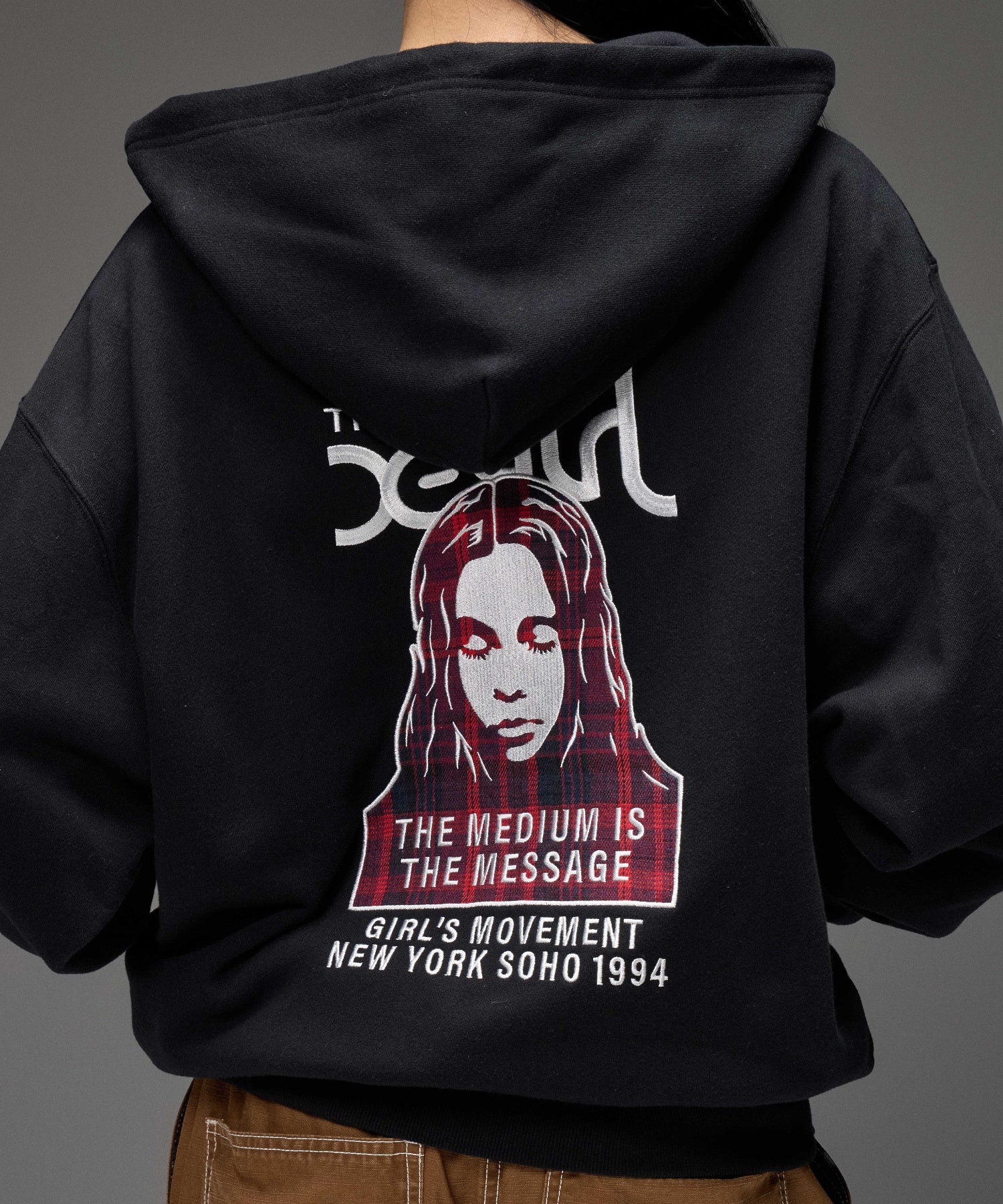 PLAID PATTERN FACE PATCH ZIP UP SWEAT HOODIE