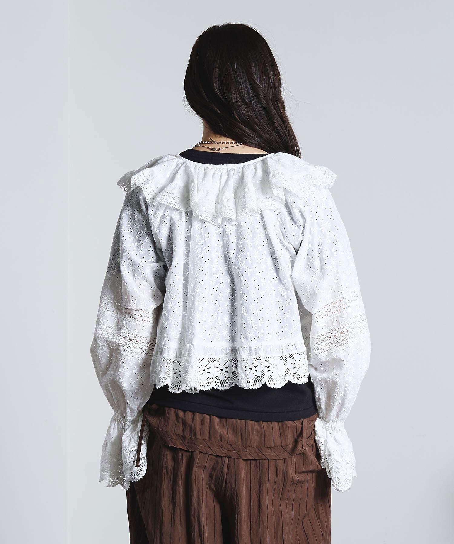 mag.by c/COTTON EMBROIDERY L/S FRILL SHIRT