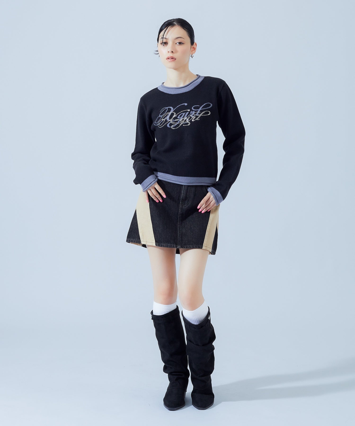 RHINESTONE AND JACQUARD LOGO COMPACT KNIT TOP