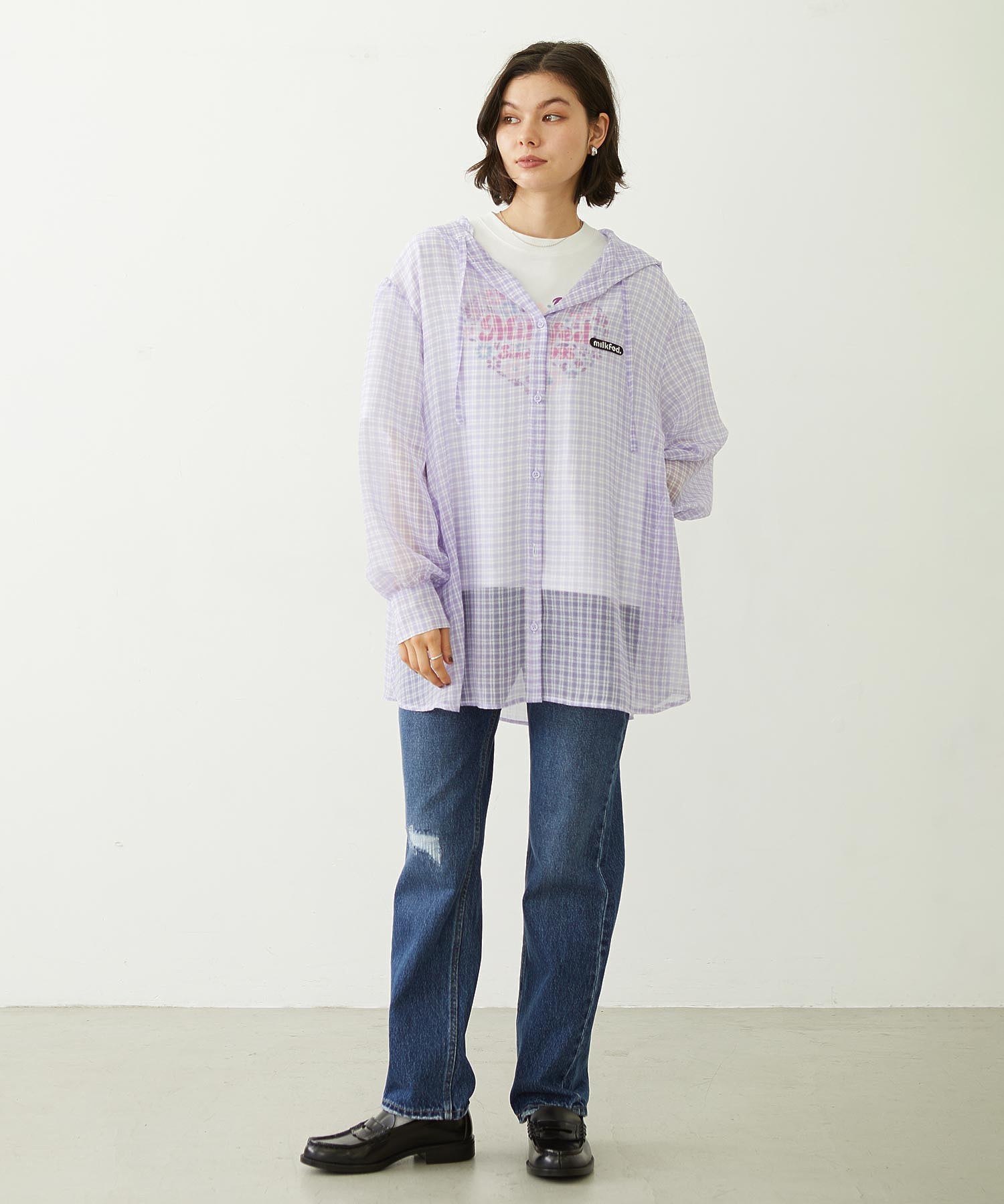 SHEER PLAID HOODED TOP