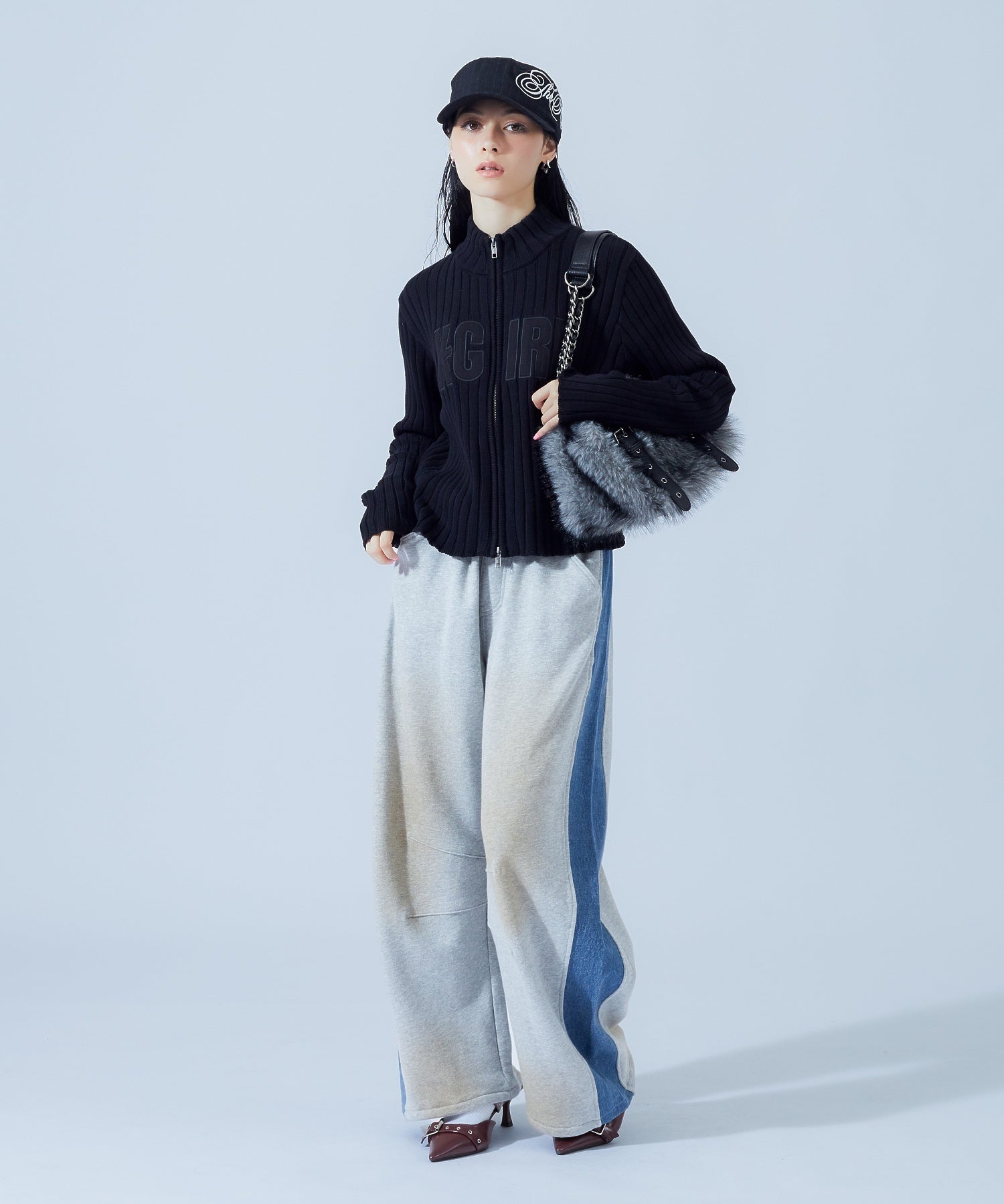 FADED PATCH ZIP UP KNIT TOP